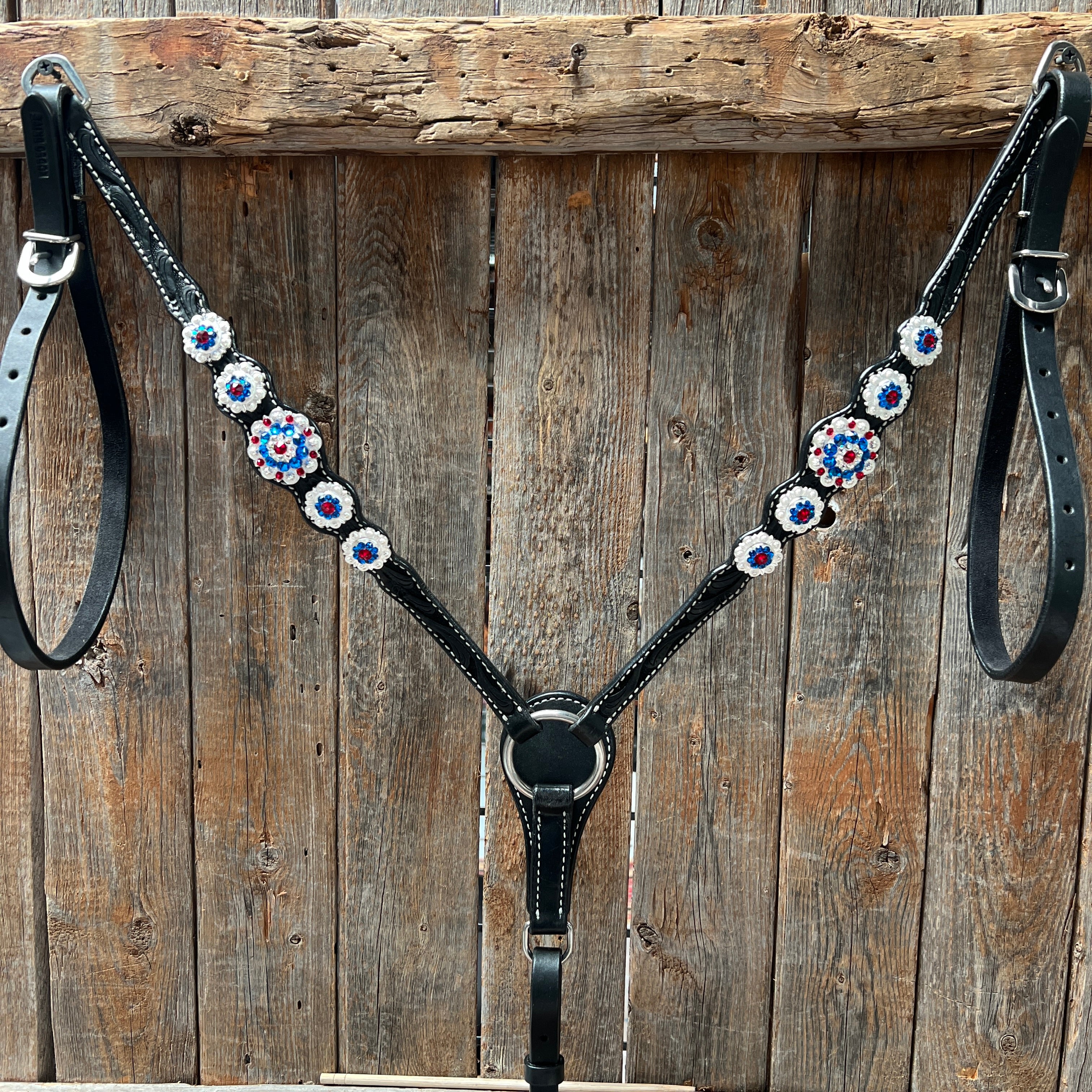 Black Floral Bright Red, White and Blue Browband / One Ear Tack Set #BBBC281