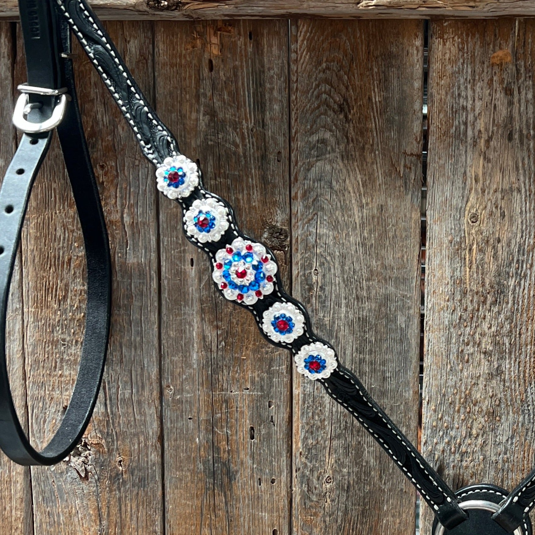 Black Floral Bright Red, White and Blue Browband / One Ear Tack Set #BBBC281
