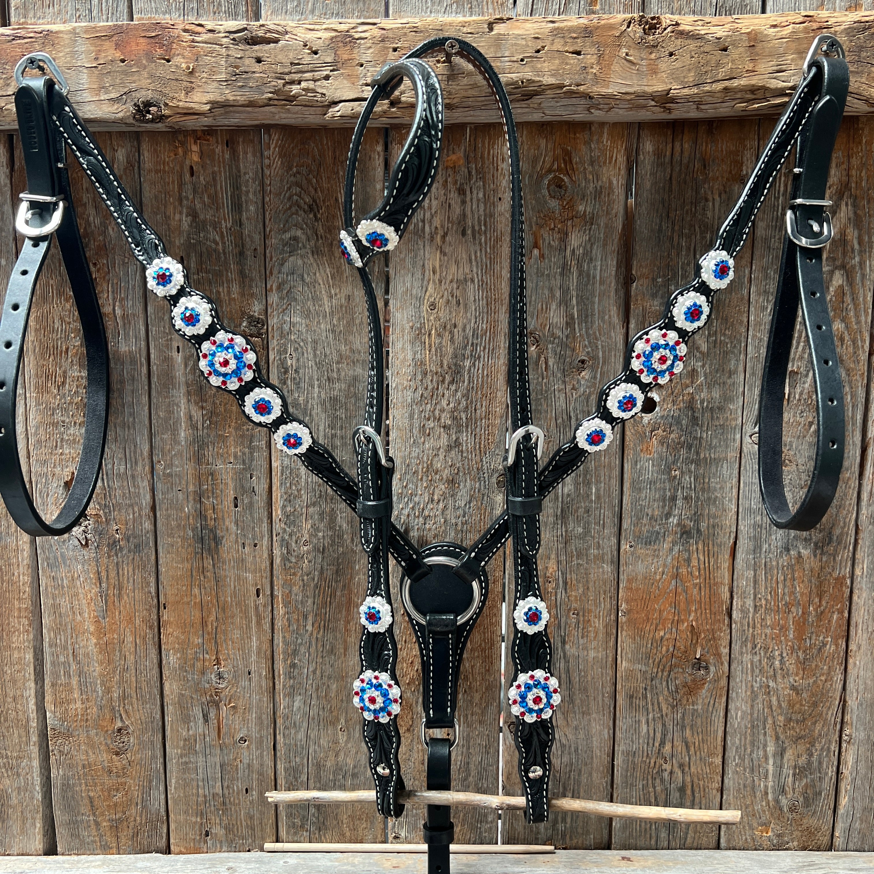 Black Floral Bright Red, White and Blue Browband / One Ear Tack Set #BBBC281