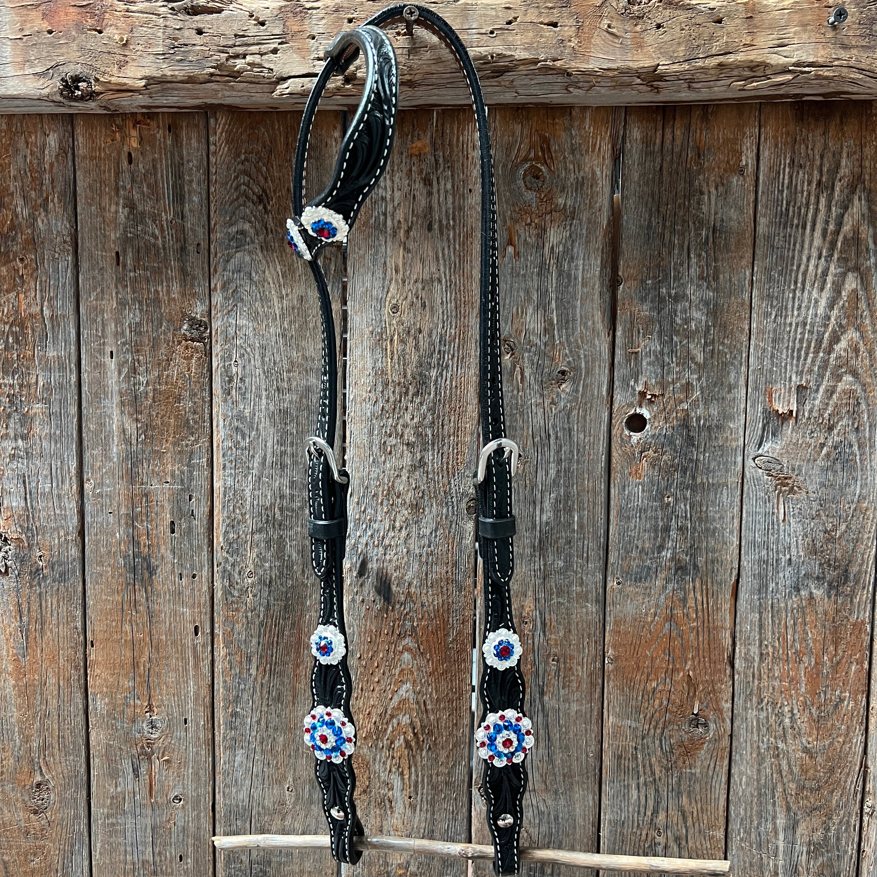 Black Floral Bright Red, White and Blue Browband / One Ear Tack Set #BBBC281