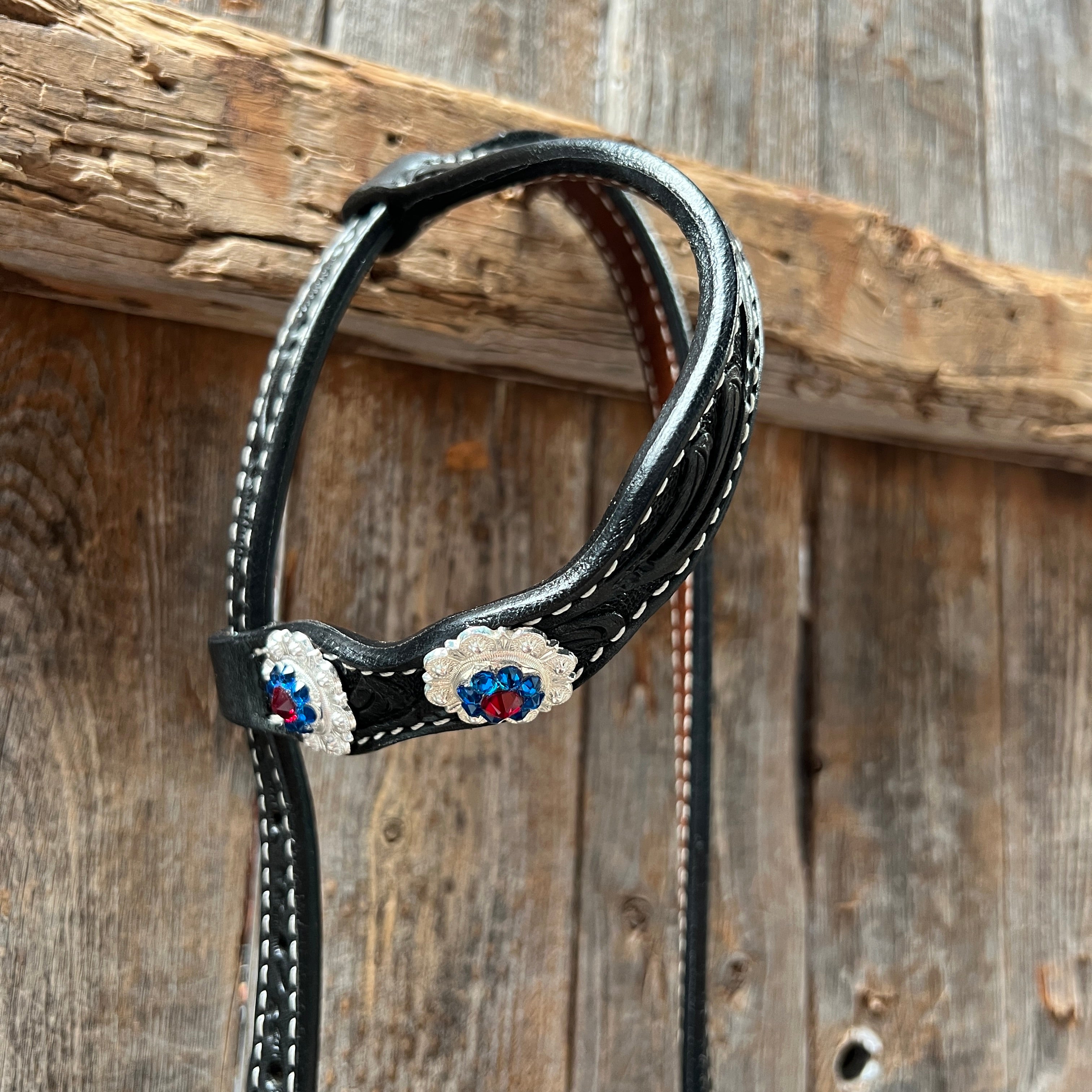 Black Floral Bright Red, White and Blue Browband / One Ear Tack Set #BBBC281