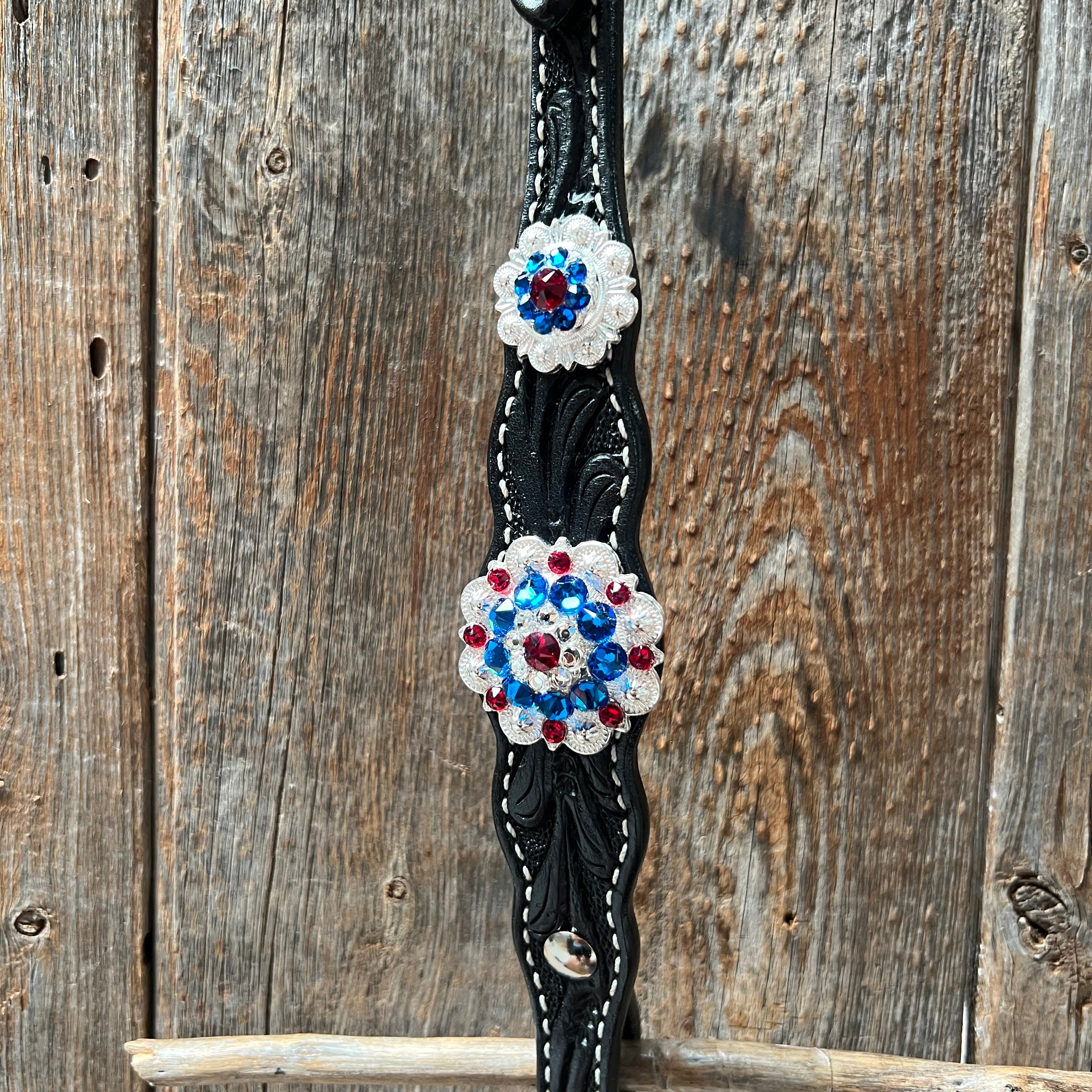 Black Floral Bright Red, White and Blue Browband / One Ear Tack Set #BBBC281