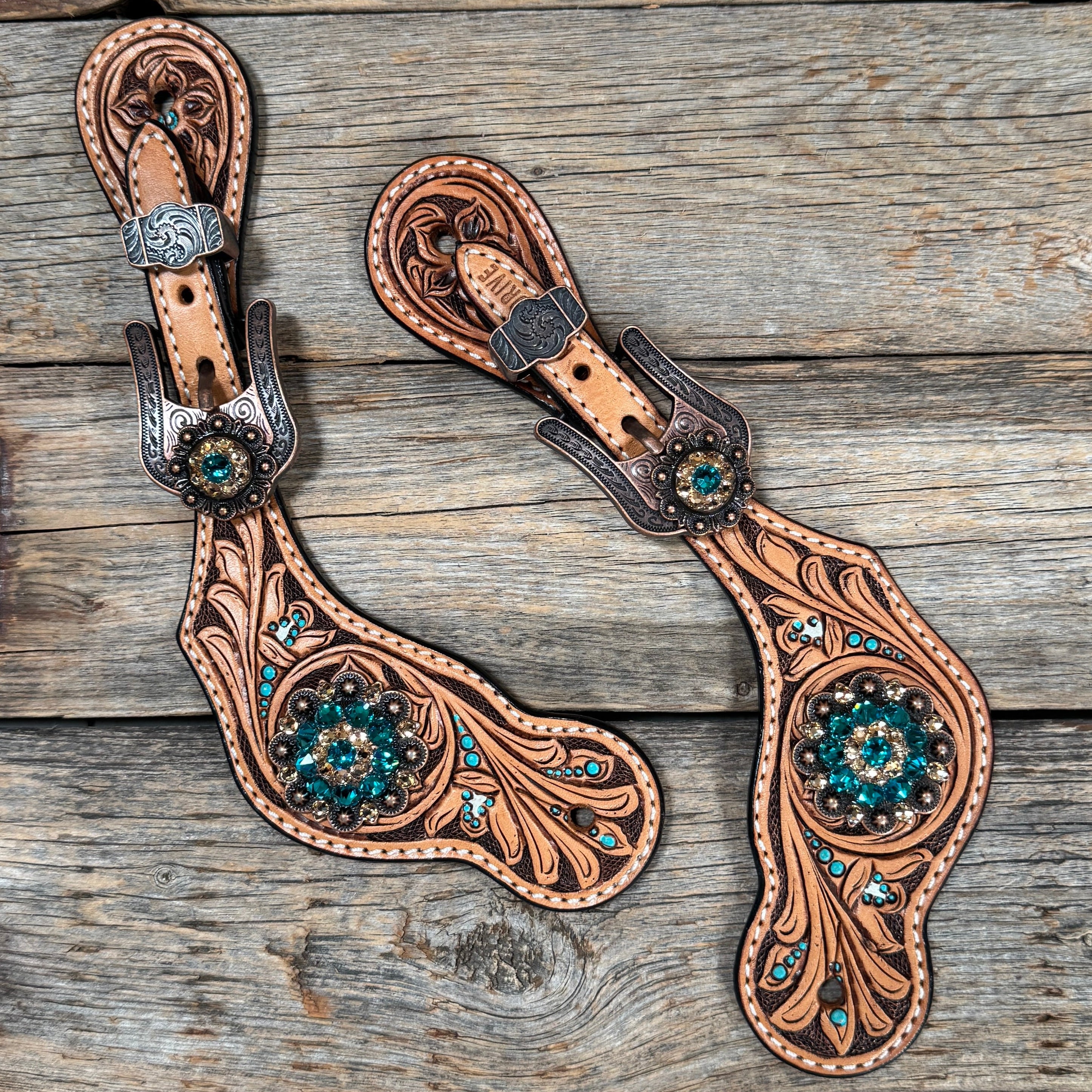 Floral Teal Dot Spur Straps - Copper Teal, Champagne #SS133
