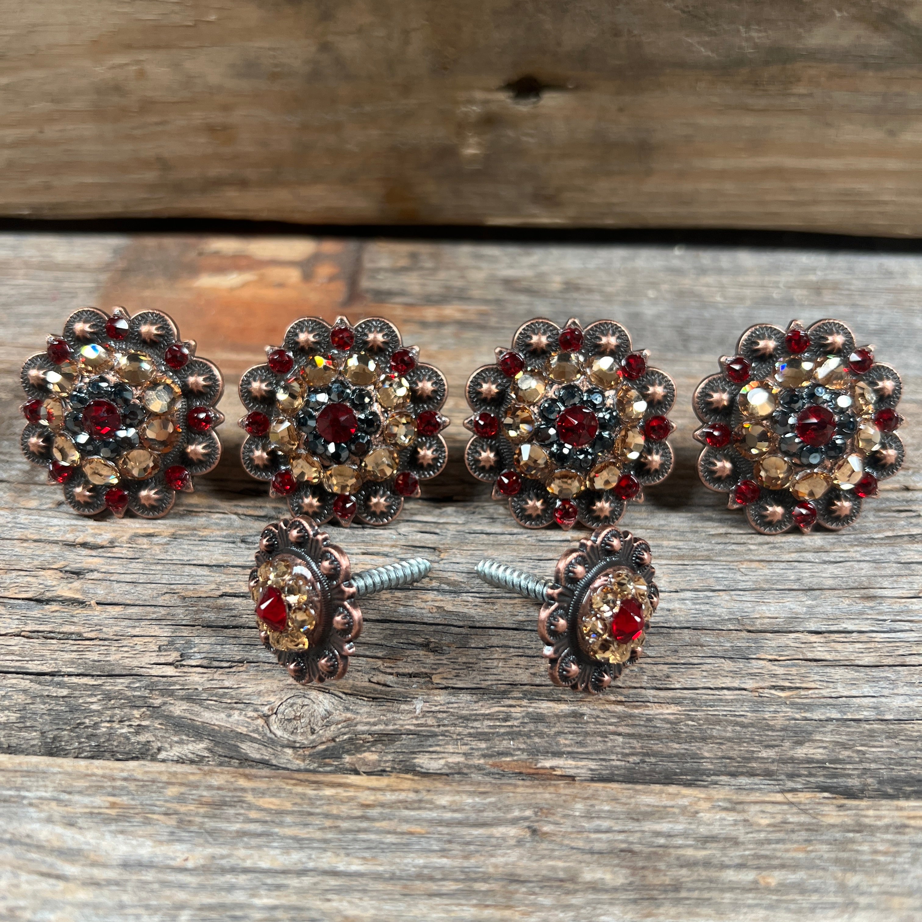 Copper Ruby Jet & Champagne Saddle Conchos