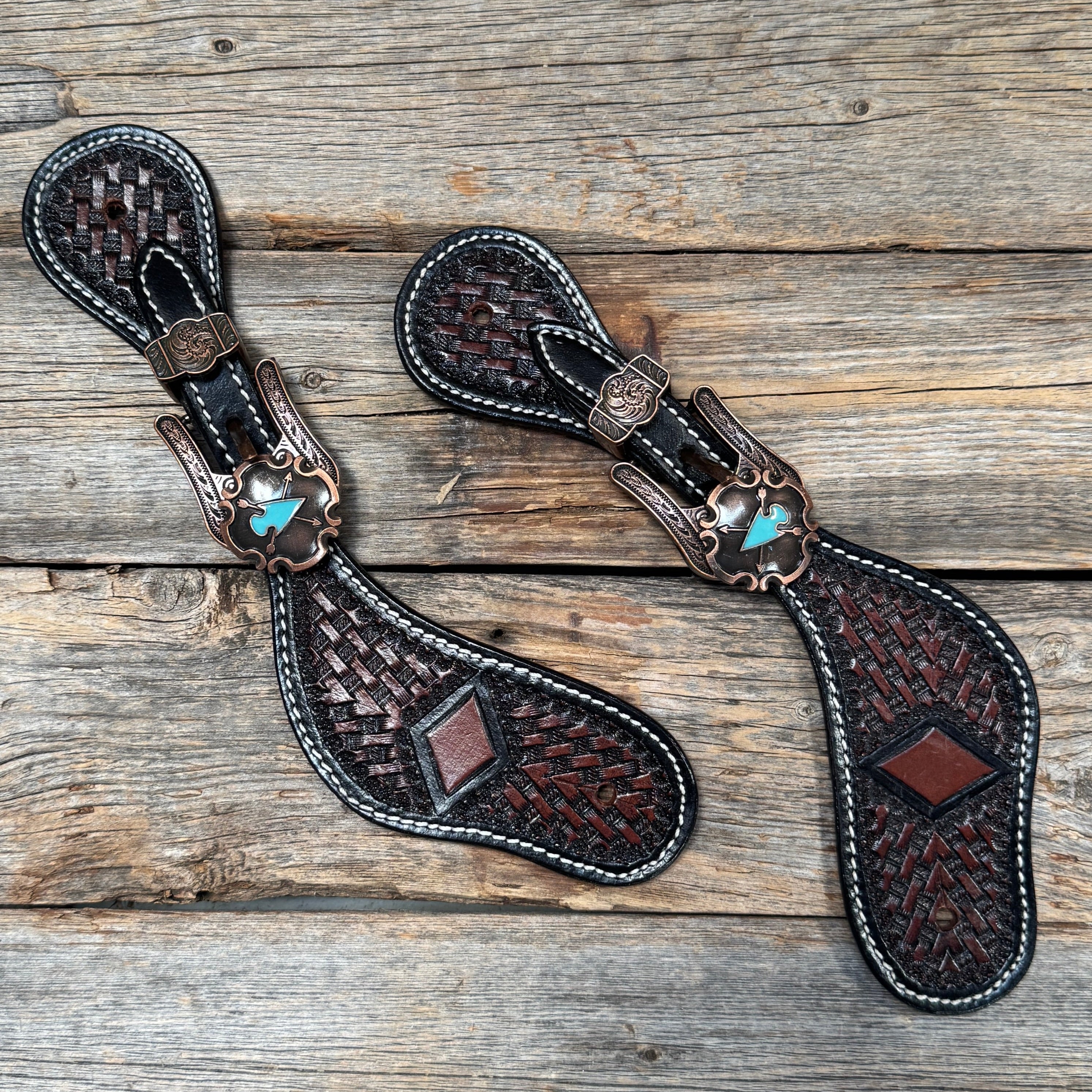 Dark Oil Diamond Spur Straps - Western Buckles #SS144