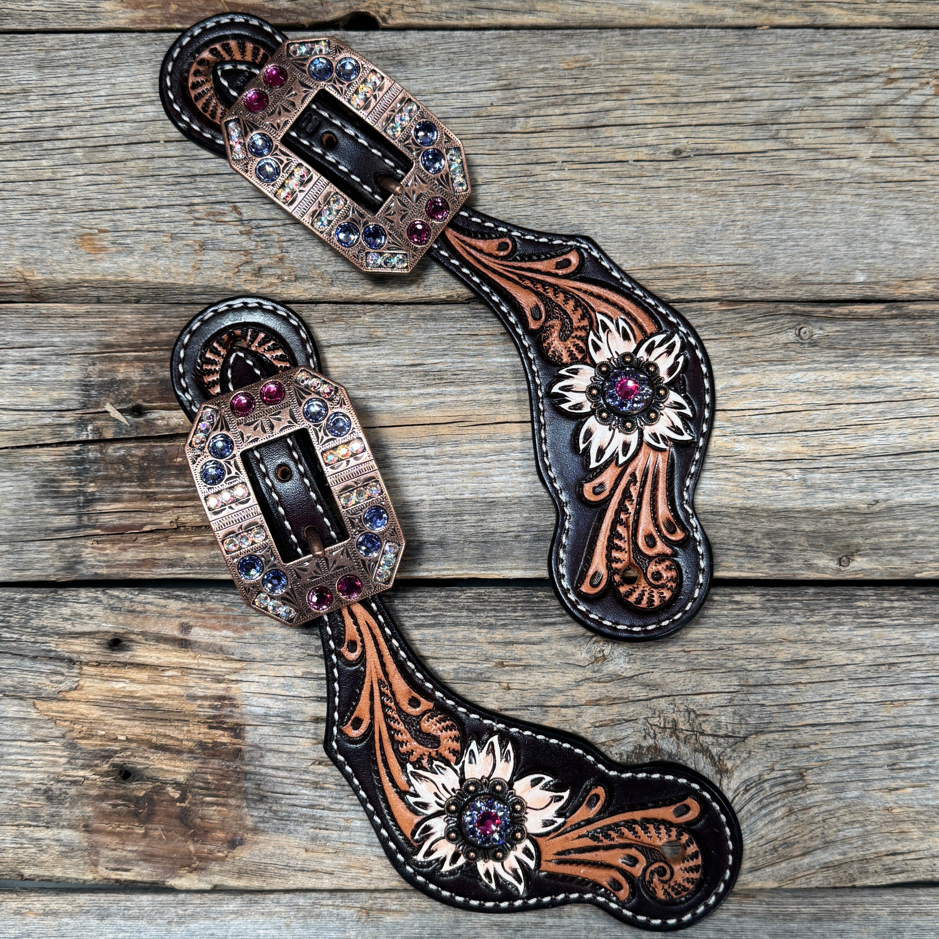 Triple Tone Floral Fuchsia, AB, Lilac Spur Straps #SS139