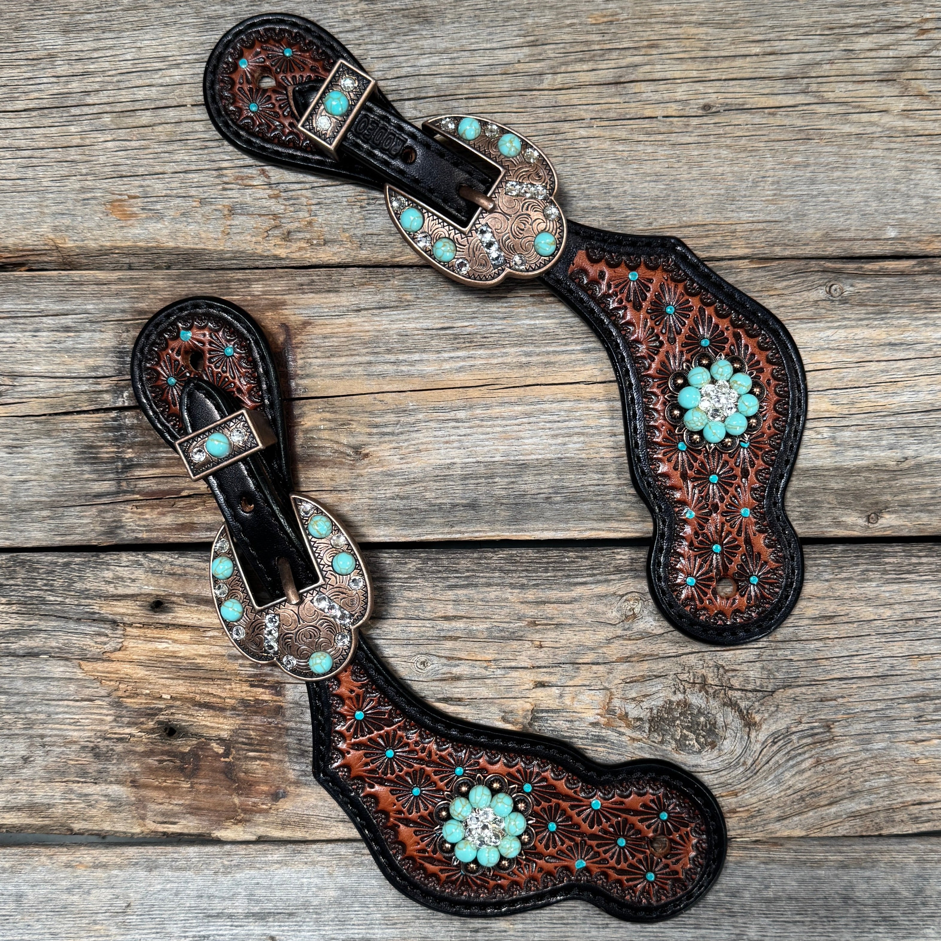 Teal Dot Diamond Copper Turquoise, Clear Spur Straps #SS136