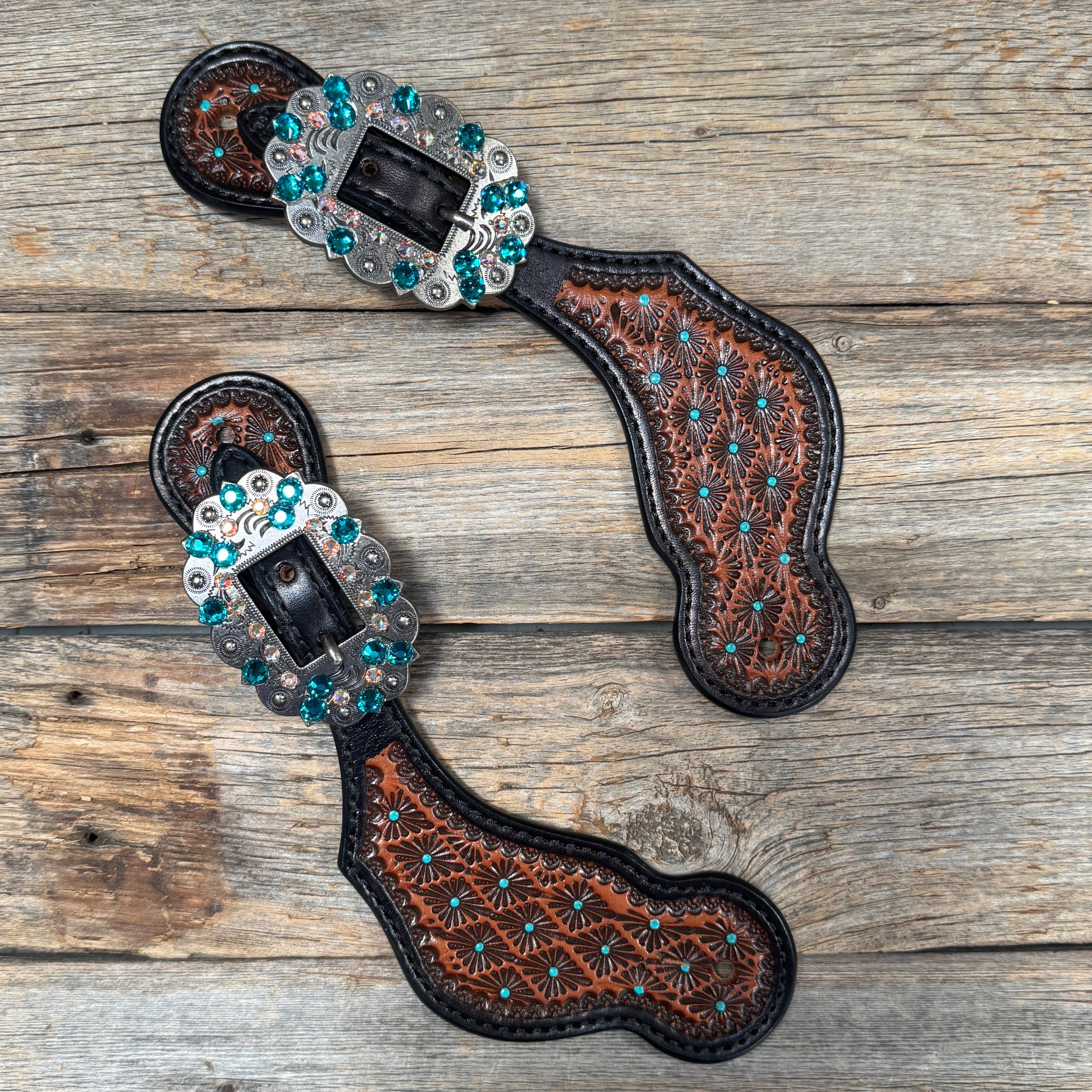 Teal Dot Diamond Antique Silver Teal, AB Spur Straps #SS137