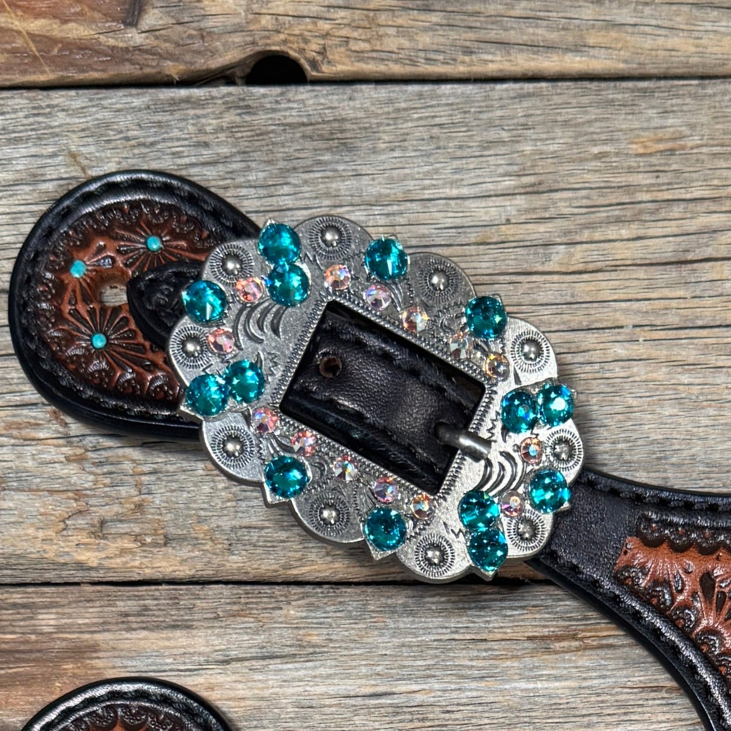 Teal Dot Diamond Antique Silver Teal, AB Spur Straps #SS137