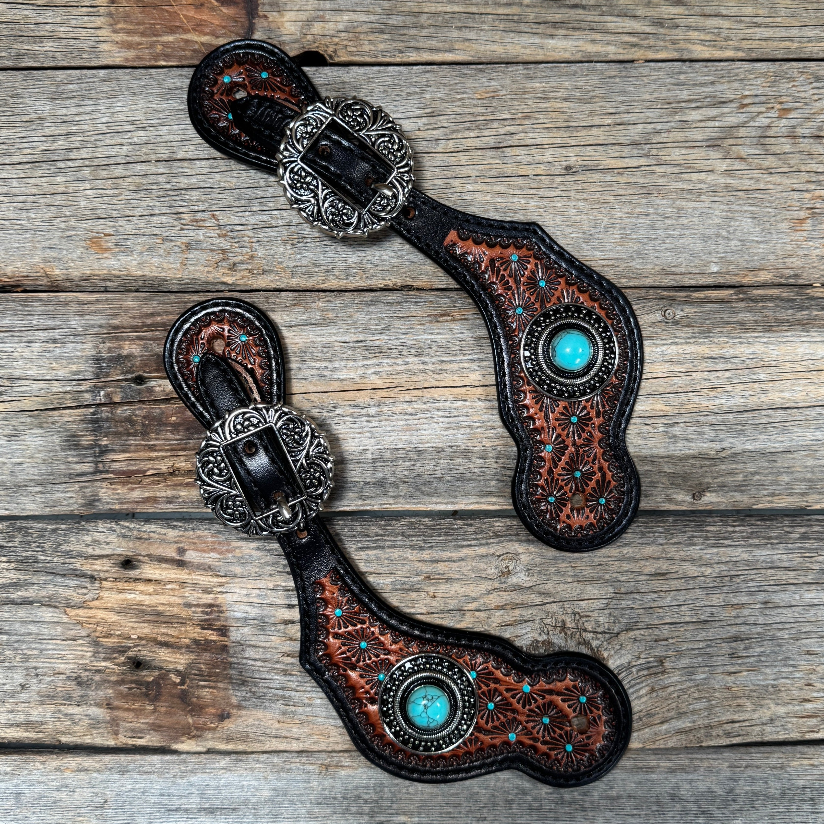 Teal Dot Diamond Antique Silver Turquoise Western Conchos Spur Straps #SS138