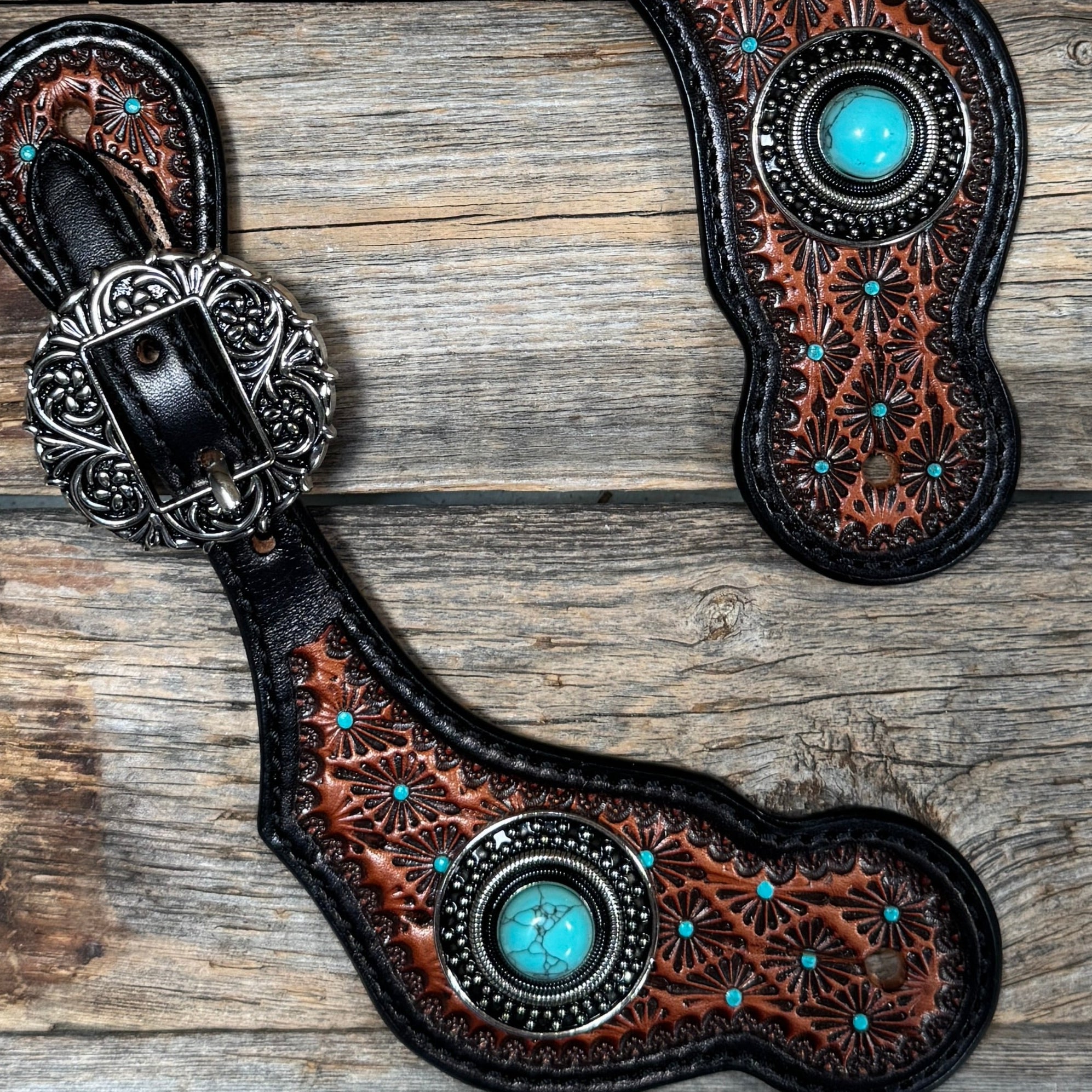 Teal Dot Diamond Antique Silver Turquoise Western Conchos Spur Straps #SS138