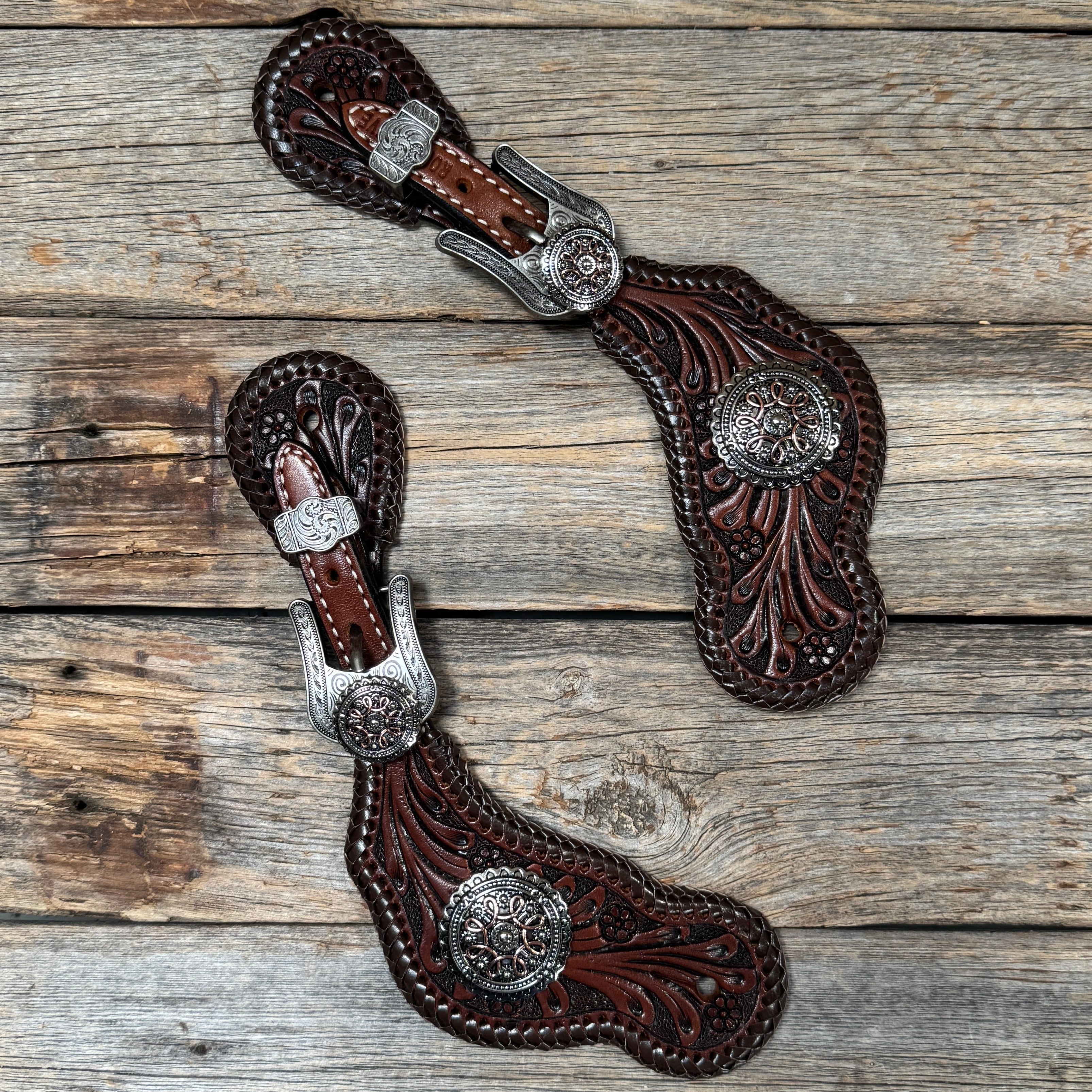 Dark Oil Whipstitch Copper Flower Spur Straps - Western Conchos #SS135