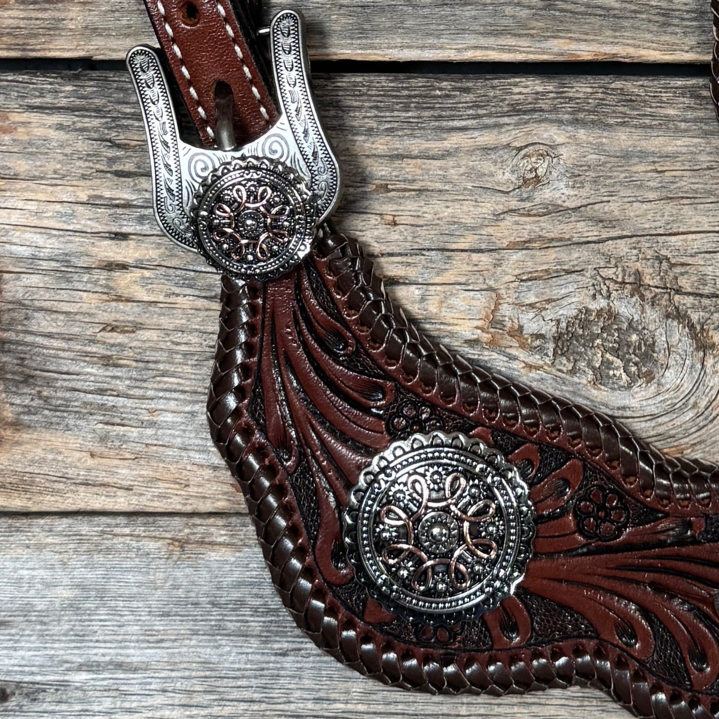Dark Oil Whipstitch Copper Flower Spur Straps - Western Conchos #SS135
