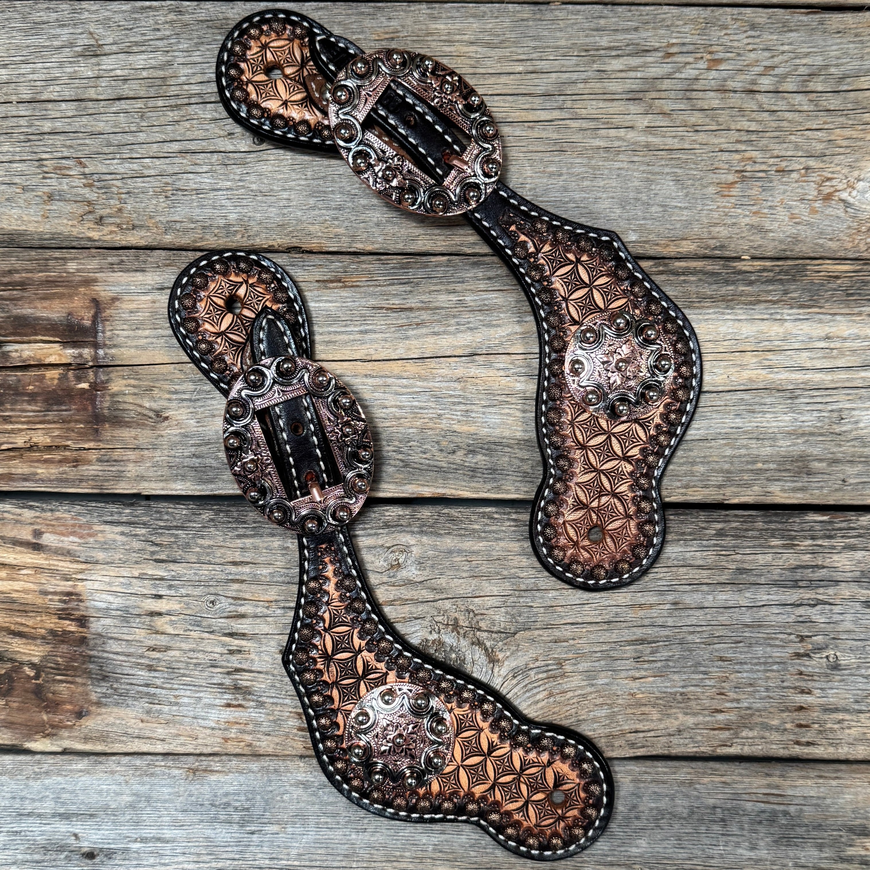 Copper Dot Honeycomb Floral Spur Straps - Western Conchos #SS134
