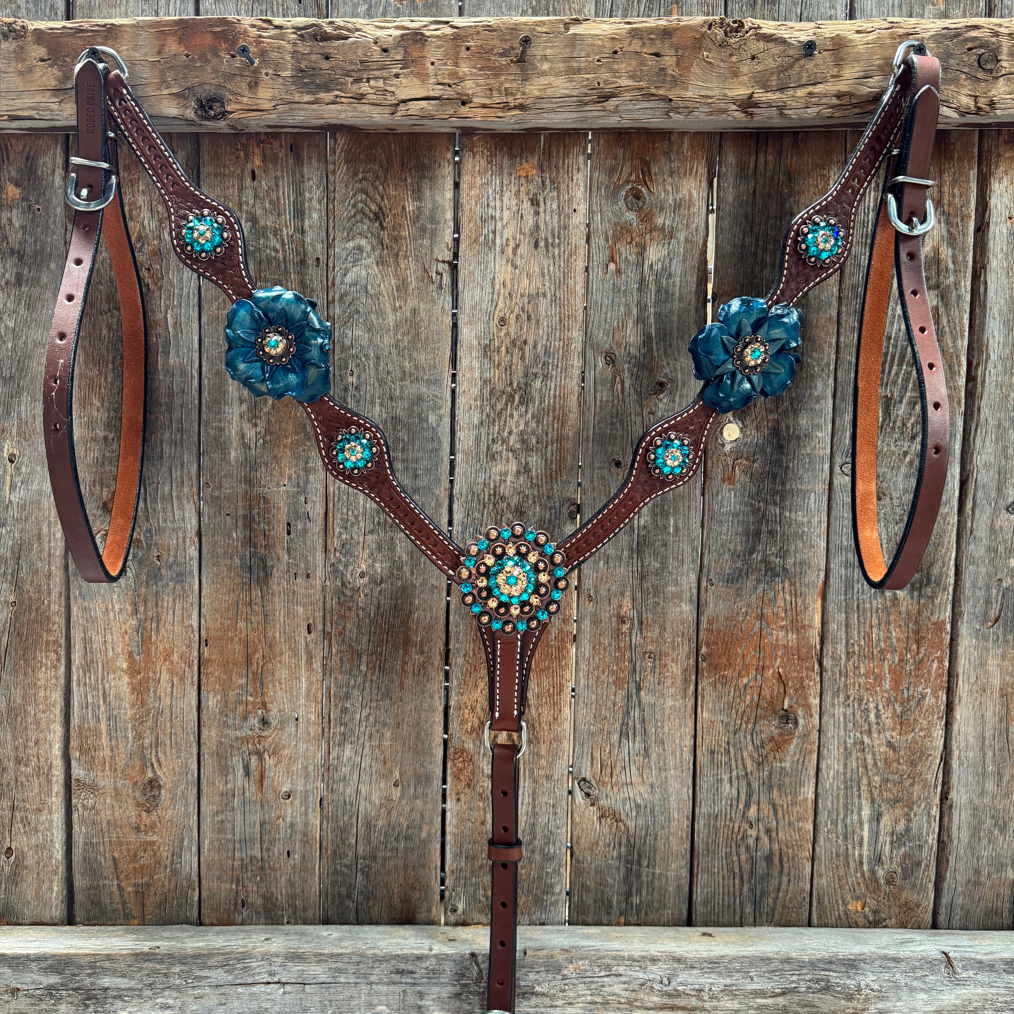 Medium Oil Basketweave Teal, Champagne Browband/One Ear Tack Set  #BBBC671