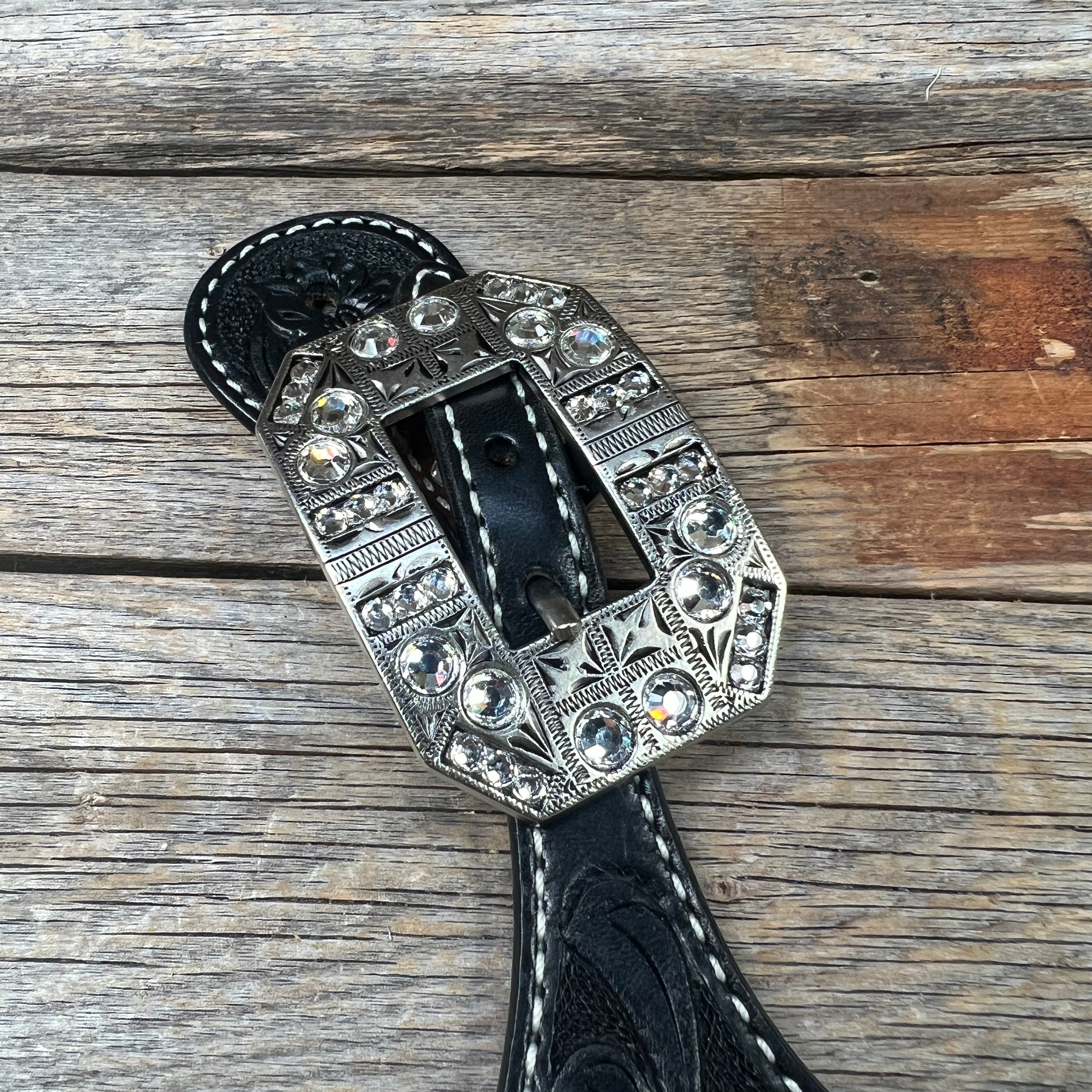Black Floral Tooled Spur Straps - European Clear Buckles #SS107