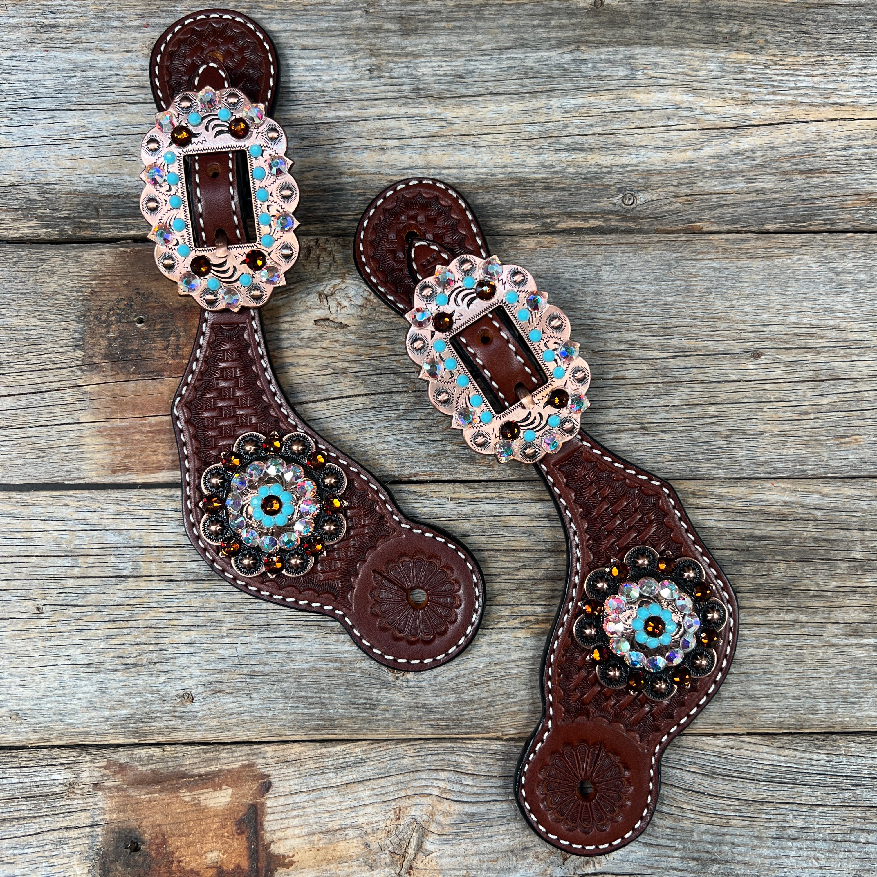 Basketweave Spur Straps - Copper Conchos #SS104