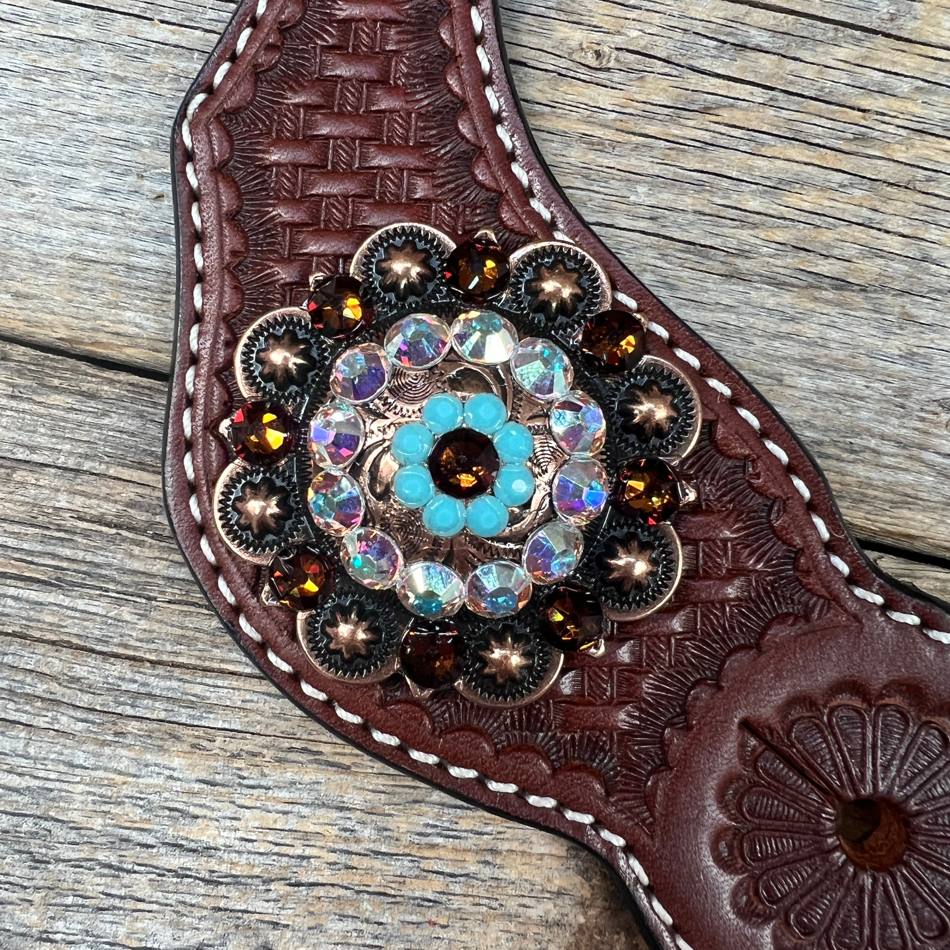 Basketweave Spur Straps - Copper Conchos #SS104