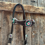 Dark Oil Basketweave Fuchsia, Clear, Emerald Browband/One Ear Tack Set  #BBBC673