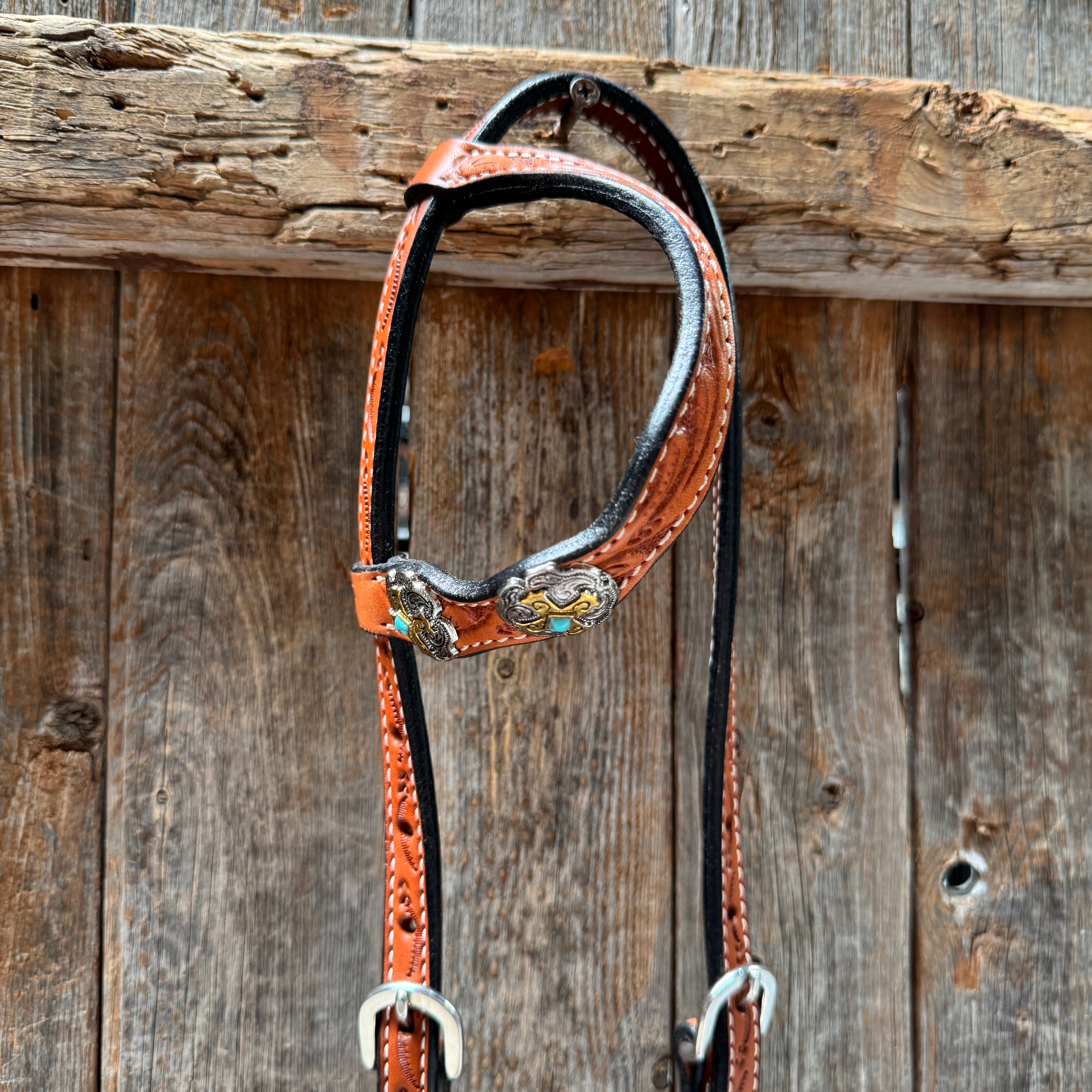 Light Oil Floral Gold Cross, Turquoise Browband/One Ear Breastcollar Tack Set #BBBC676