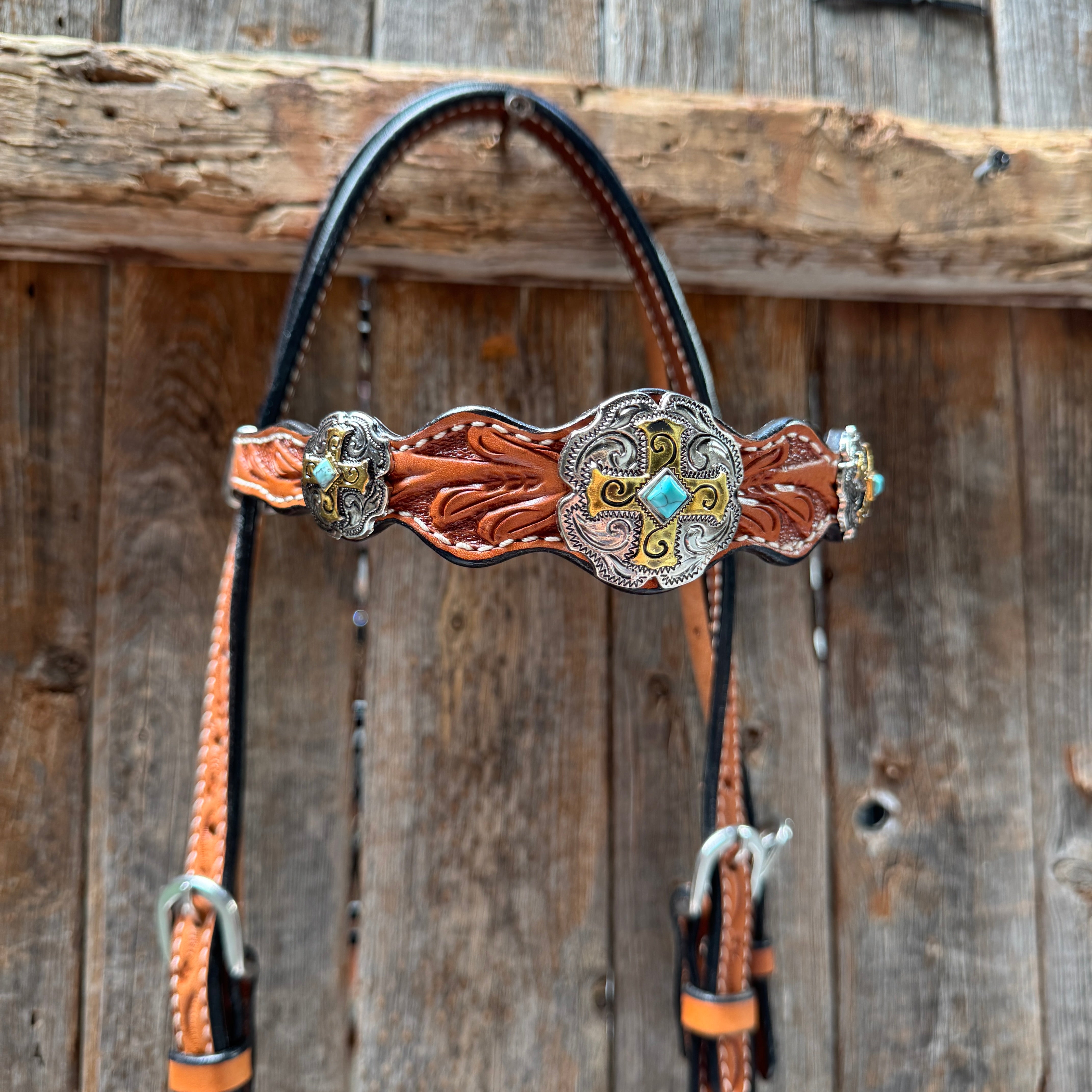 Light Oil Floral Gold Cross, Turquoise Browband/One Ear Breastcollar Tack Set #BBBC676