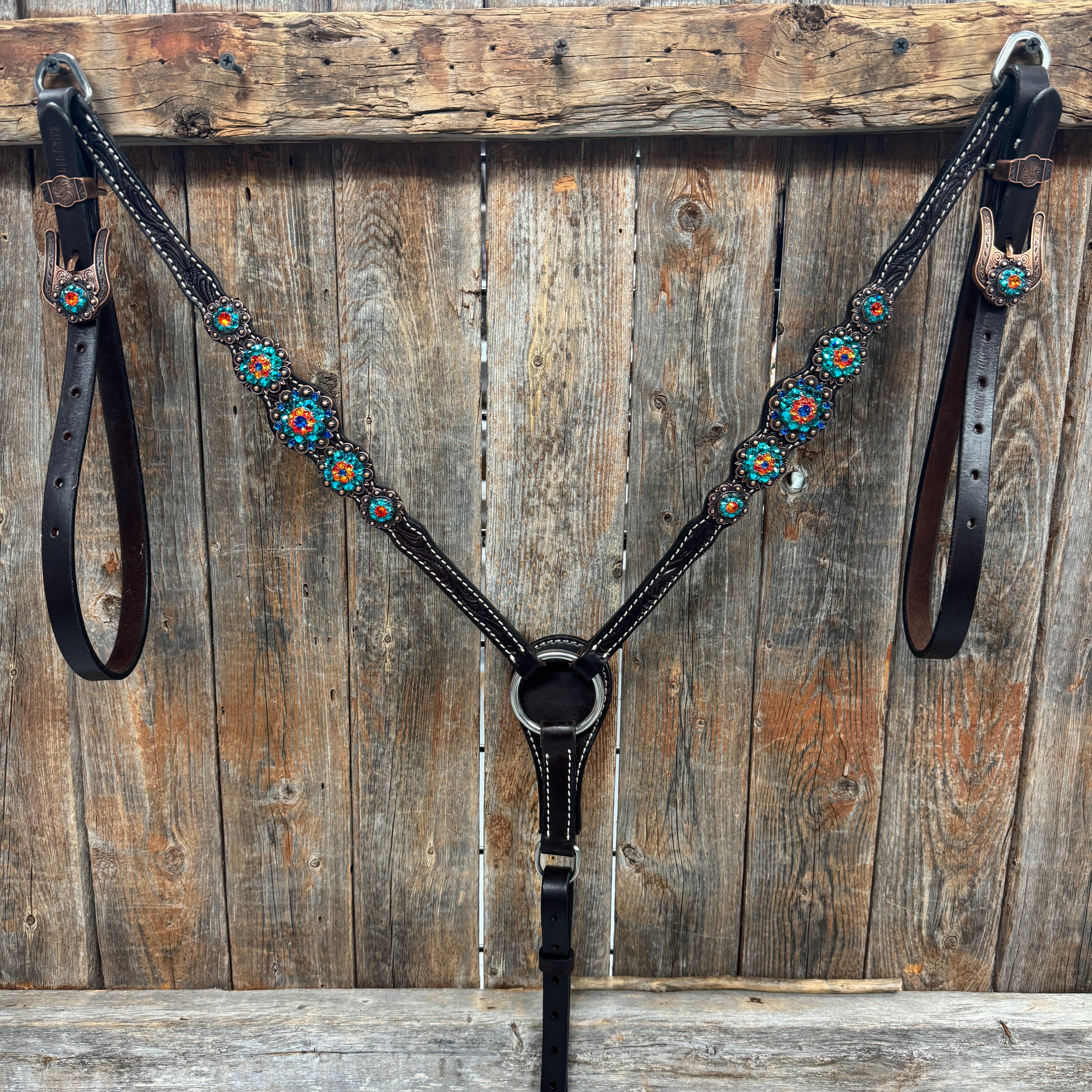 Dark Oil Floral Capri, Fire Opal, Teal Browband/One Ear Breastcollar Tack Set #BBBC678