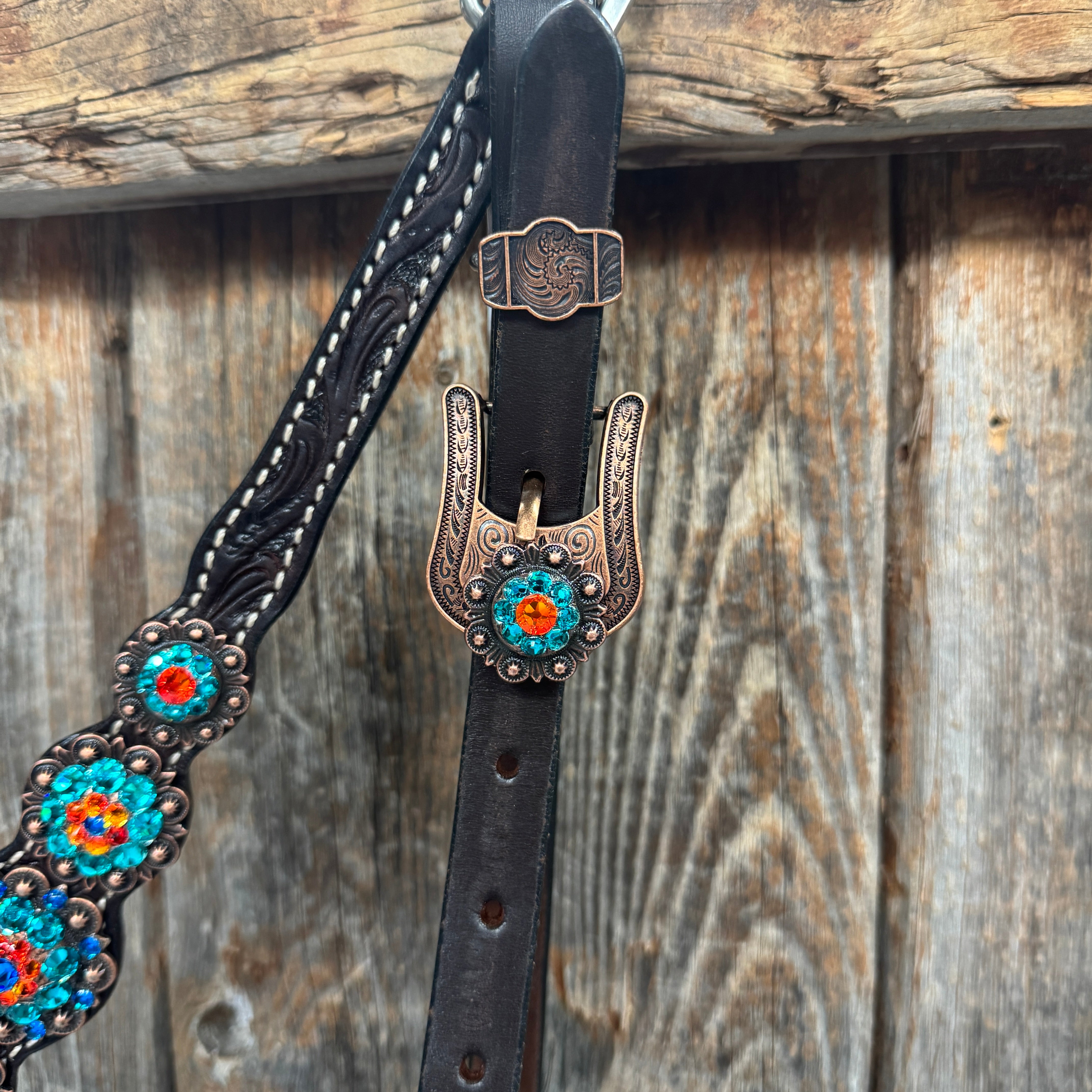 Dark Oil Floral Capri, Fire Opal, Teal Browband/One Ear Breastcollar Tack Set #BBBC678