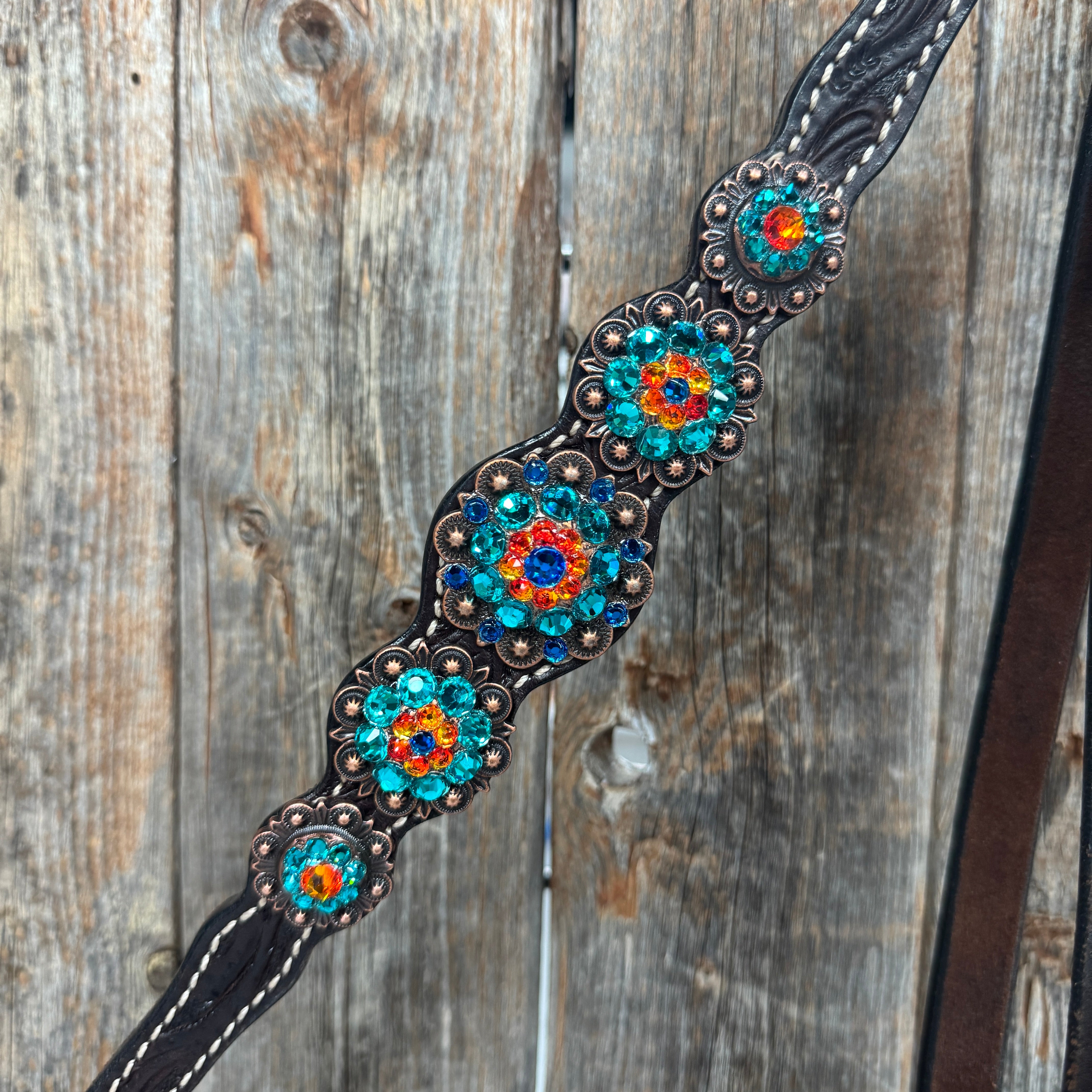 Dark Oil Floral Capri, Fire Opal, Teal Browband/One Ear Breastcollar Tack Set #BBBC678