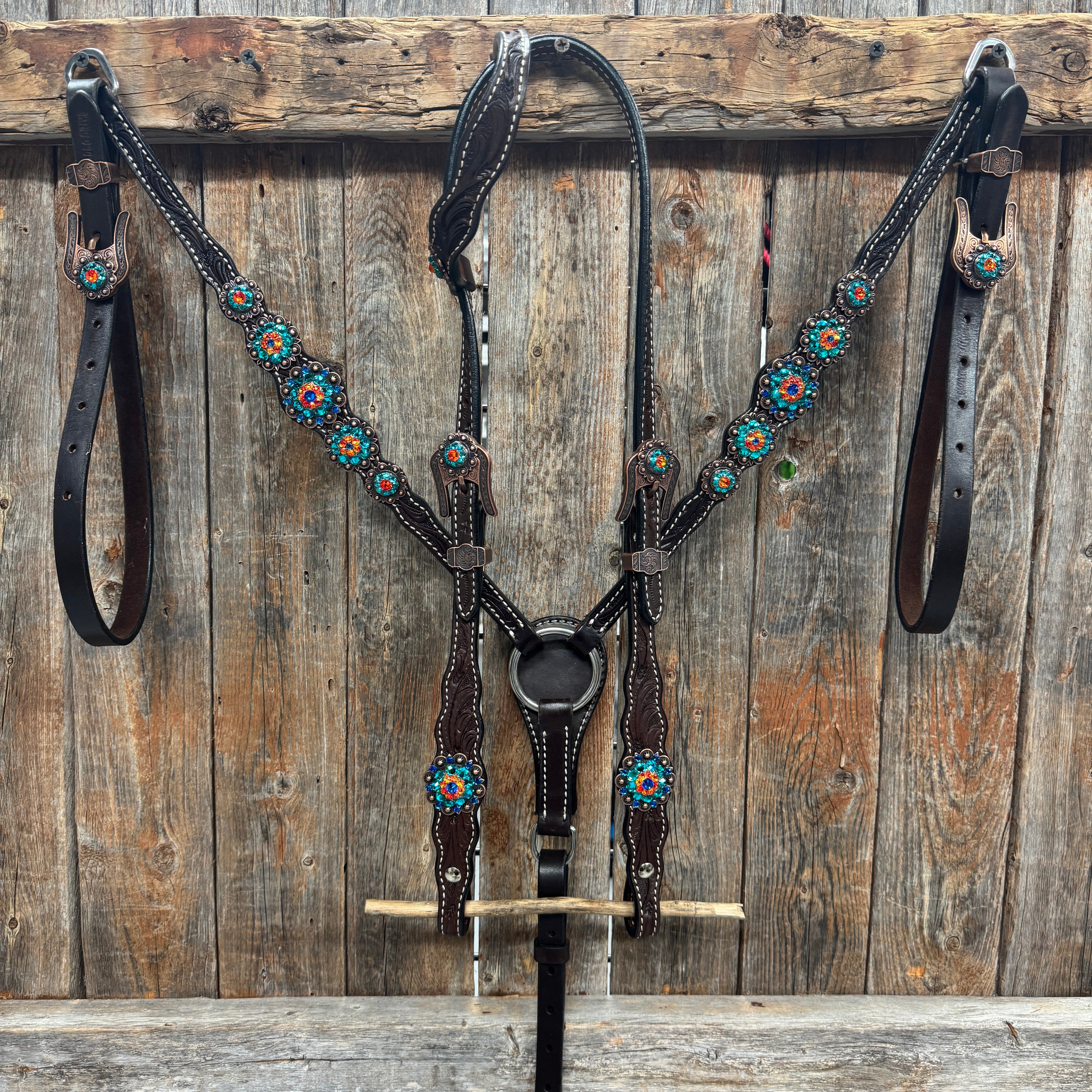 Dark Oil Floral Capri, Fire Opal, Teal Browband/One Ear Breastcollar Tack Set #BBBC678