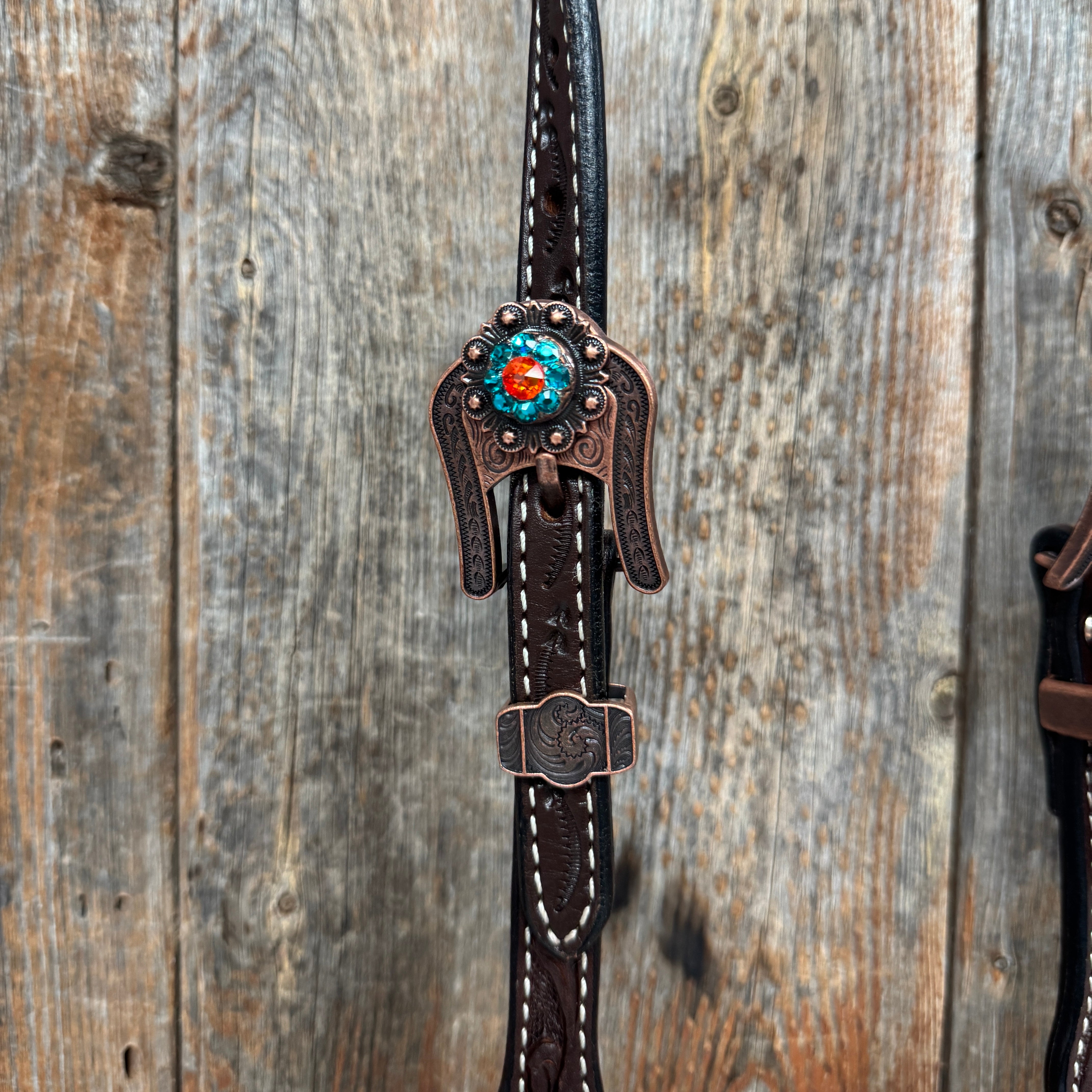 Dark Oil Floral Capri, Fire Opal, Teal Browband/One Ear Breastcollar Tack Set #BBBC678