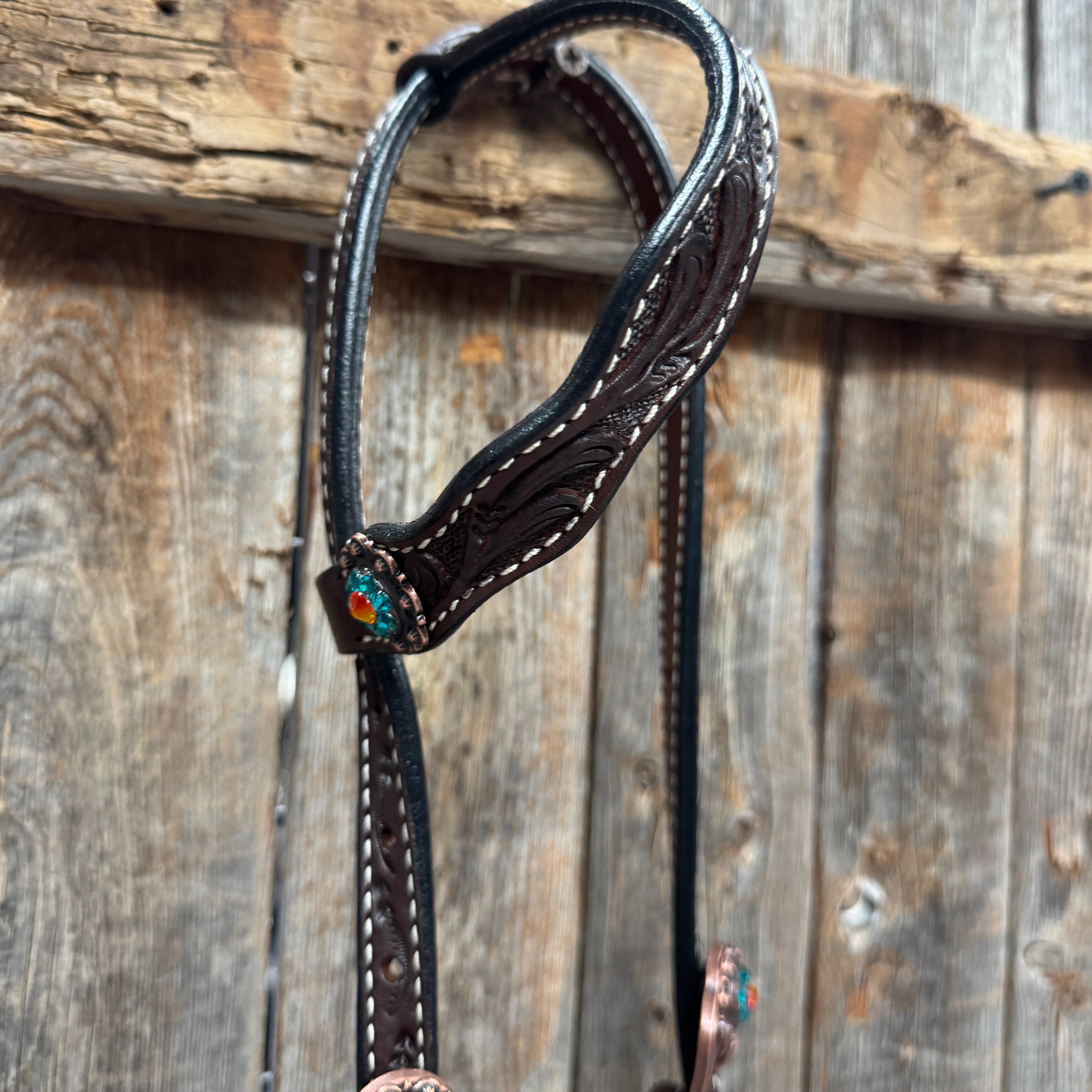 Dark Oil Floral Capri, Fire Opal, Teal Browband/One Ear Breastcollar Tack Set #BBBC678