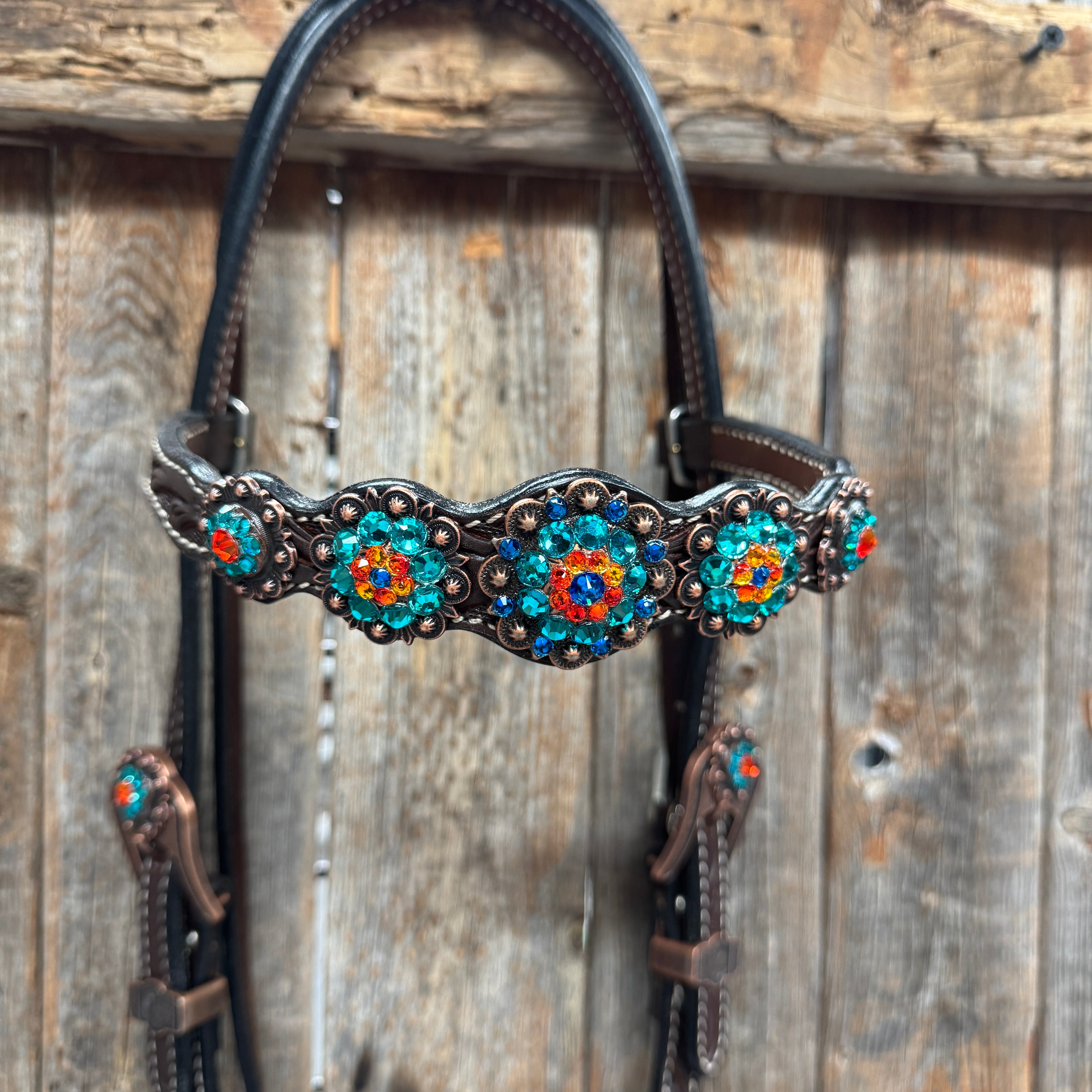 Dark Oil Floral Capri, Fire Opal, Teal Browband/One Ear Breastcollar Tack Set #BBBC678