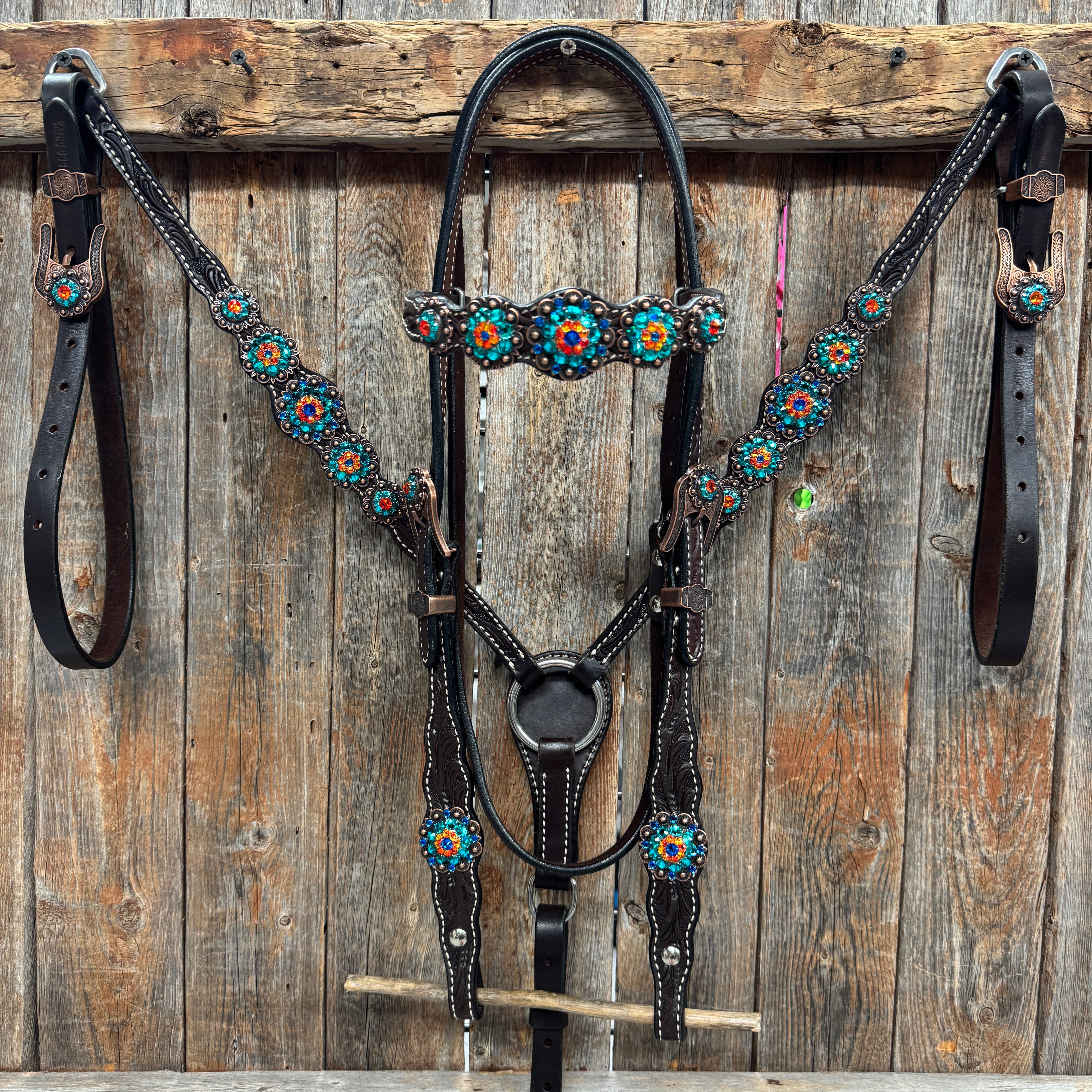 Dark Oil Floral Capri, Fire Opal, Teal Browband/One Ear Breastcollar Tack Set #BBBC678