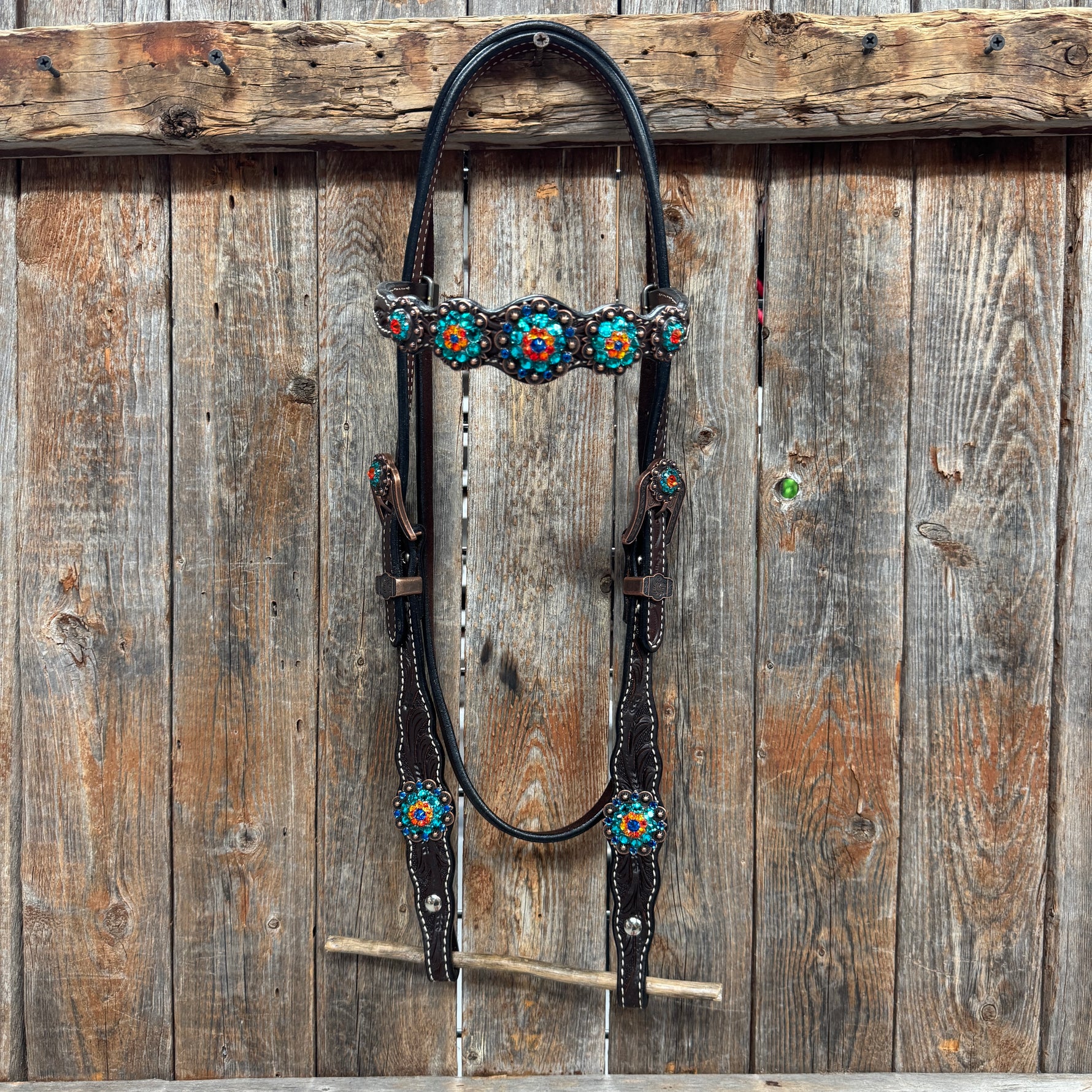 Dark Oil Floral Capri, Fire Opal, Teal Browband/One Ear Breastcollar Tack Set #BBBC678