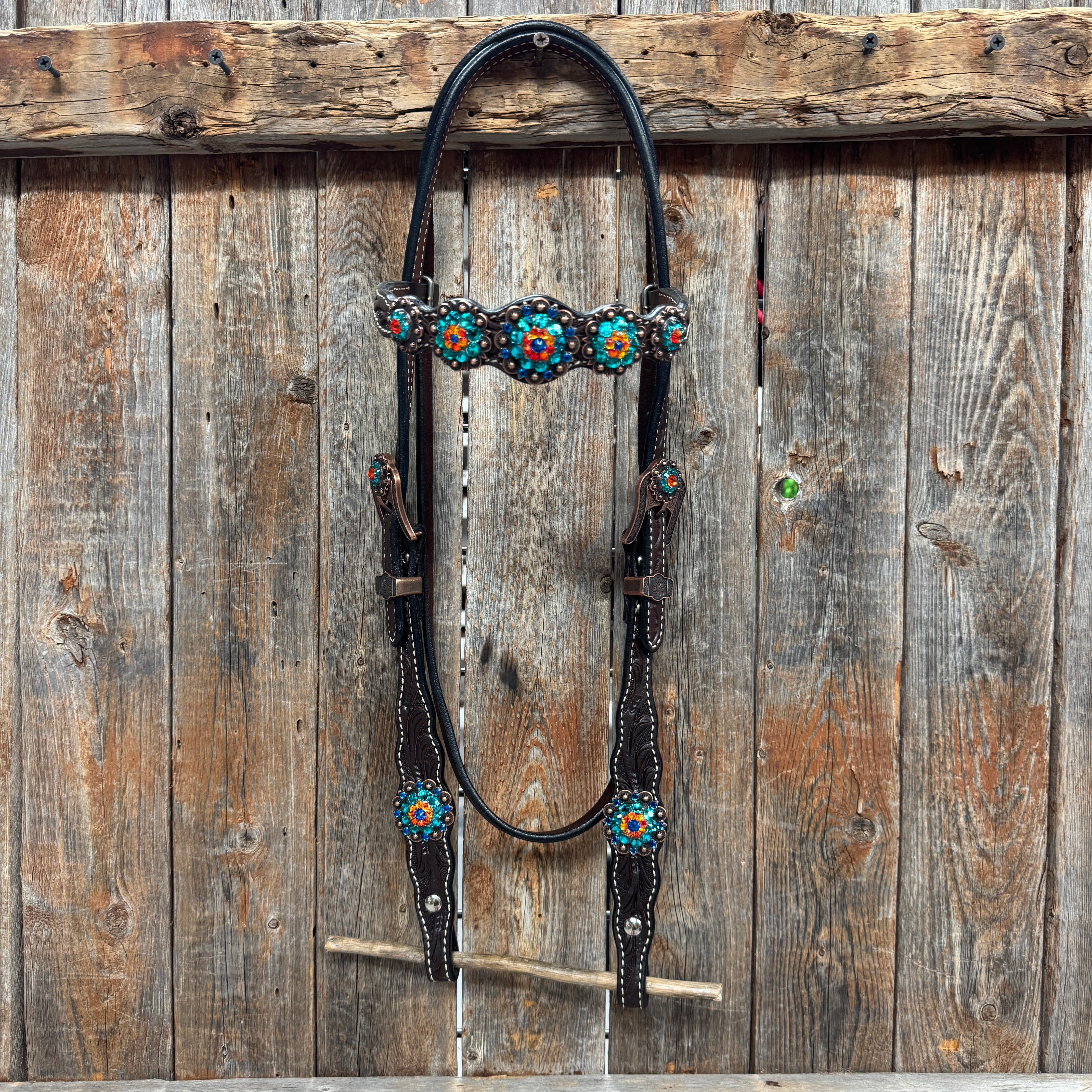 Dark Oil Floral Capri, Fire Opal, Teal Browband/One Ear Breastcollar Tack Set #BBBC678