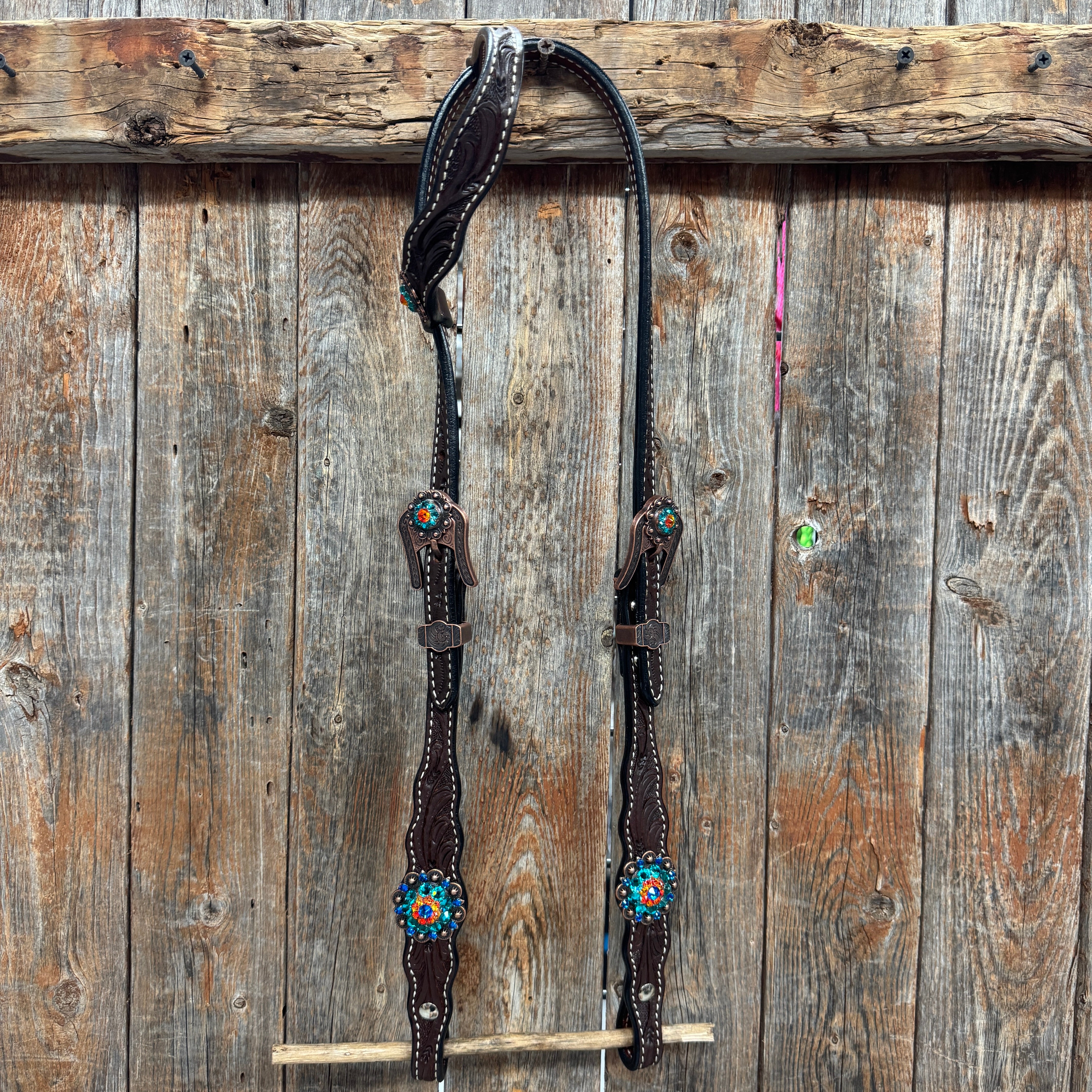 Dark Oil Floral Capri, Fire Opal, Teal Browband/One Ear Breastcollar Tack Set #BBBC678
