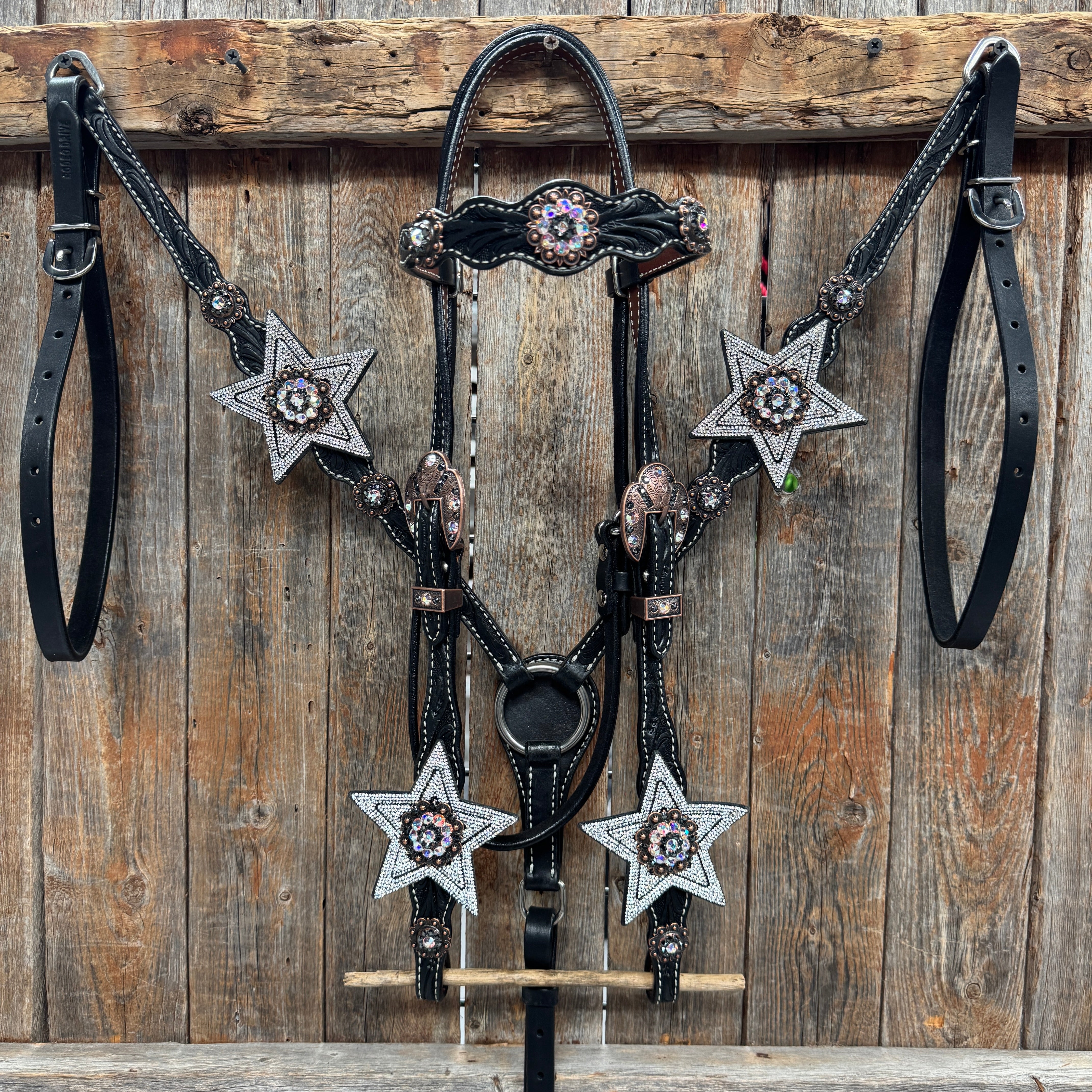 Black Oil Floral Jet and Stars Browband/One Ear Breastcollar Tack Set #BBBC679