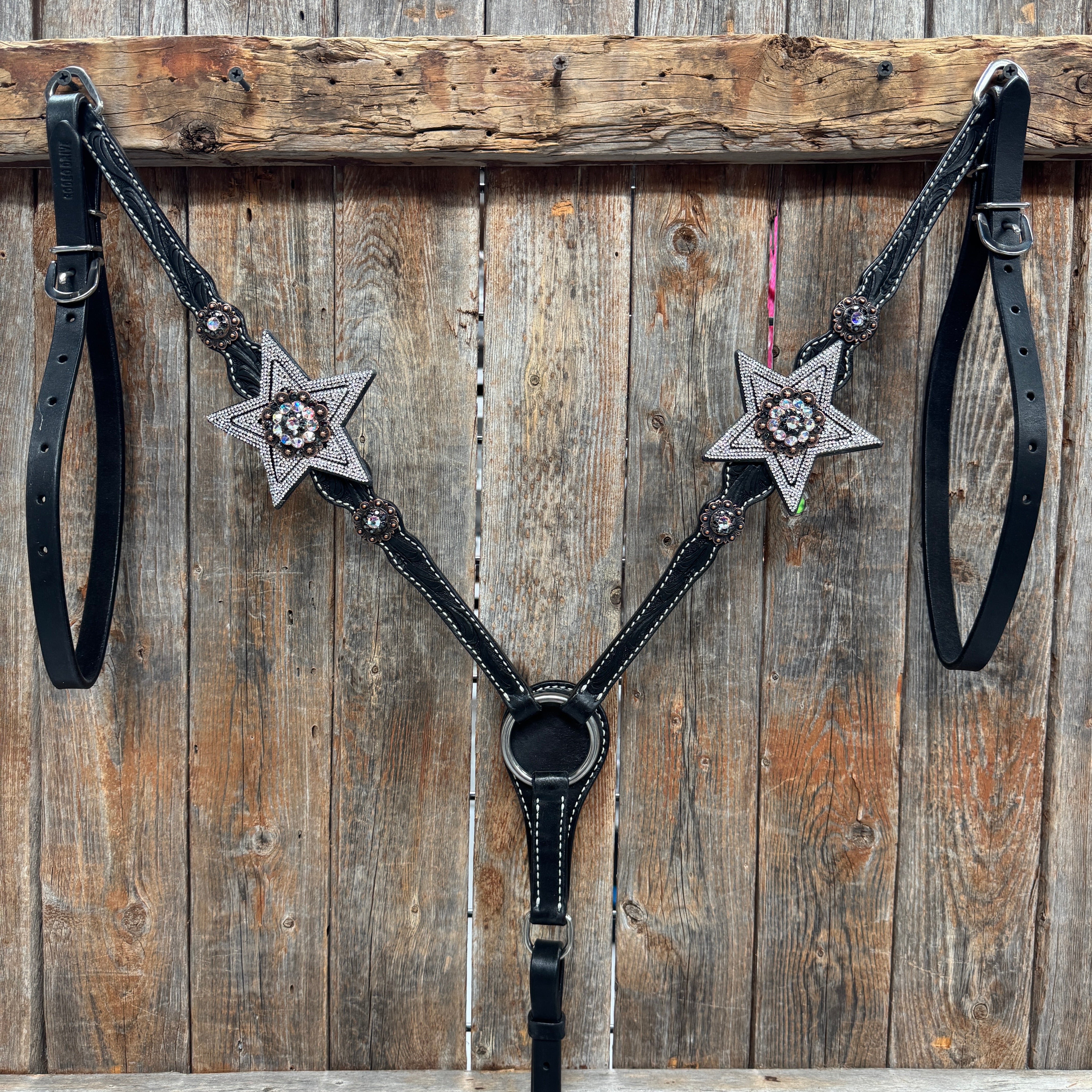 Black Oil Floral Jet and Stars Browband/One Ear Breastcollar Tack Set #BBBC679