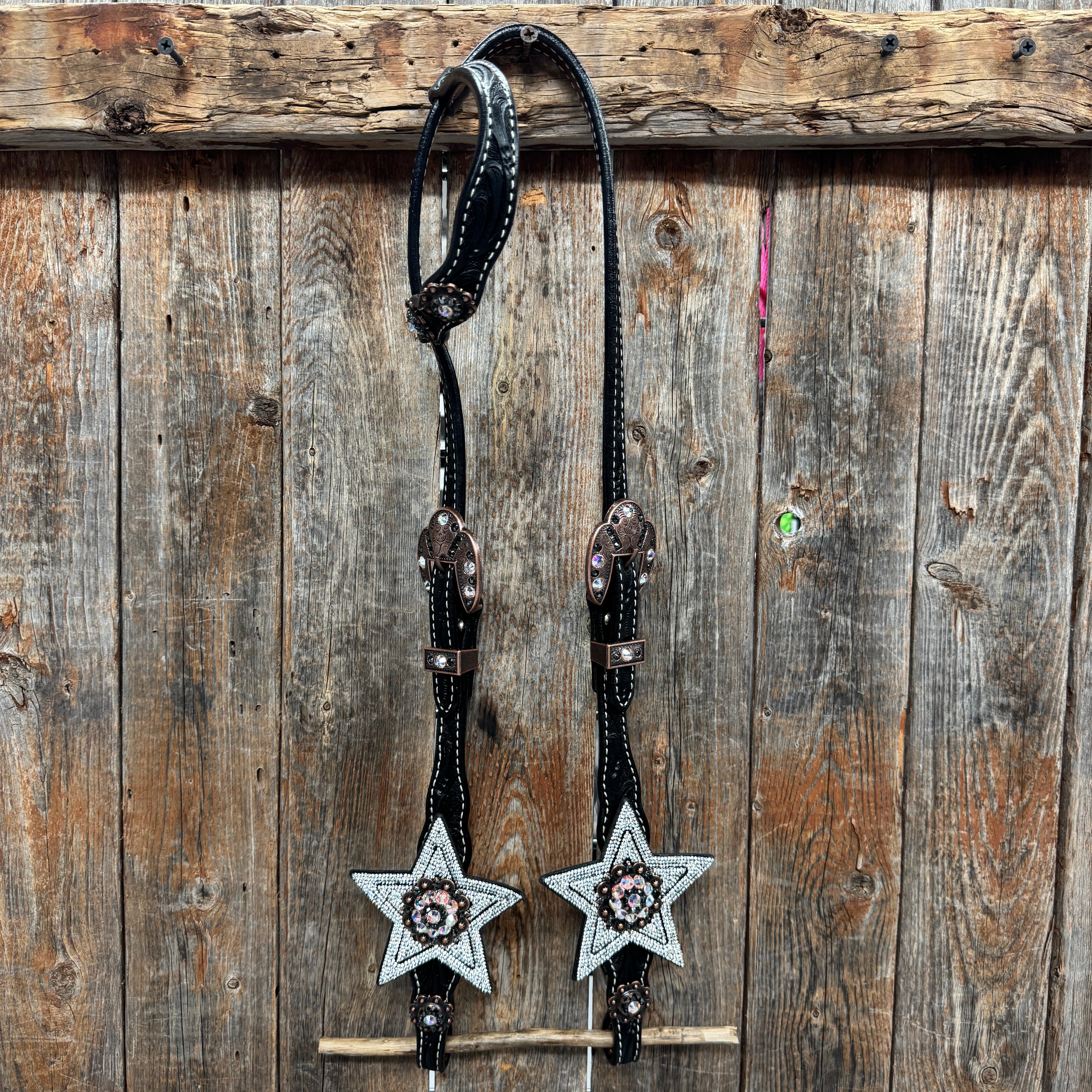 Black Oil Floral Jet and Stars Browband/One Ear Breastcollar Tack Set #BBBC679