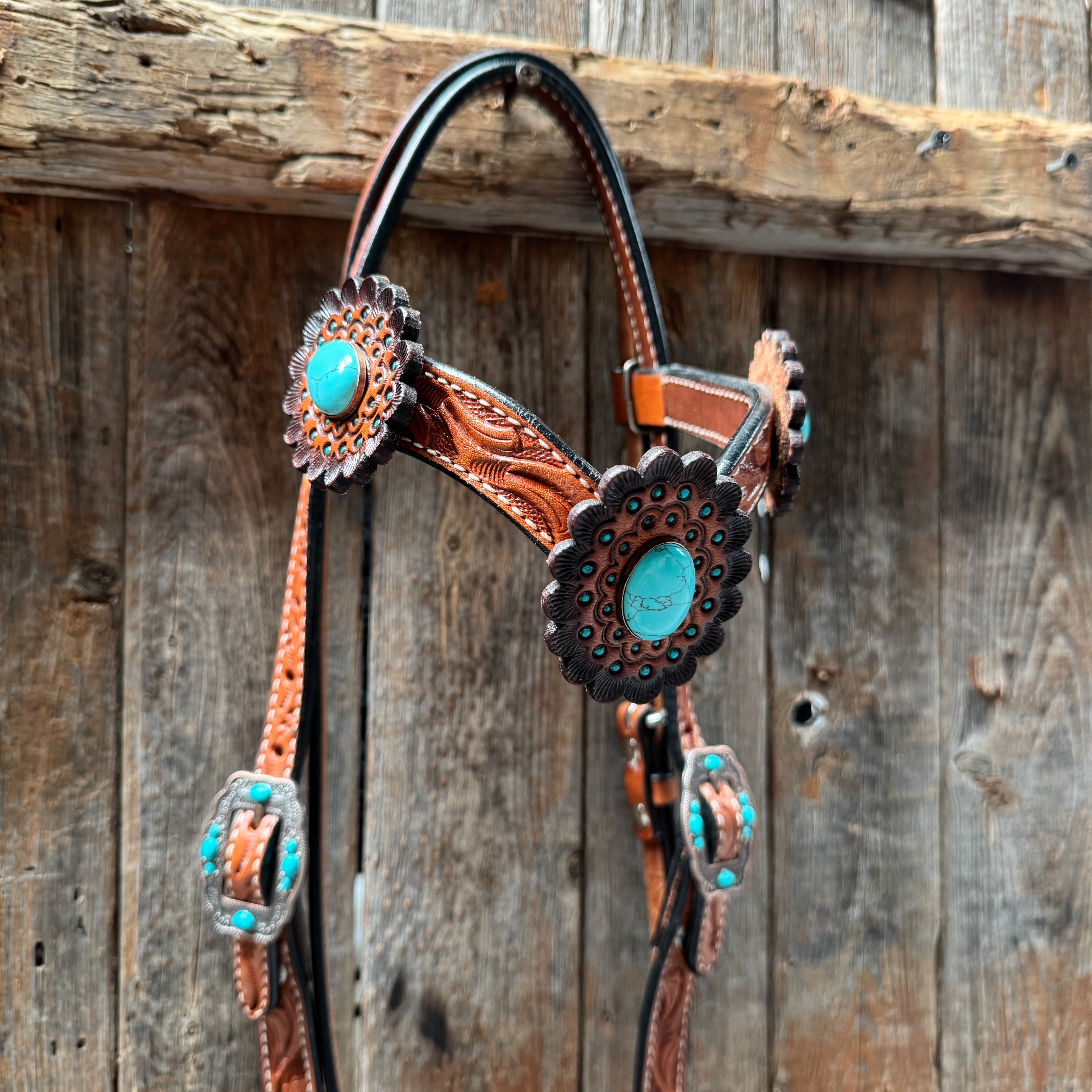 Light Oil V Brow Turquoise Cabochons Browband & Breastcollar Tack Set #BBBC681