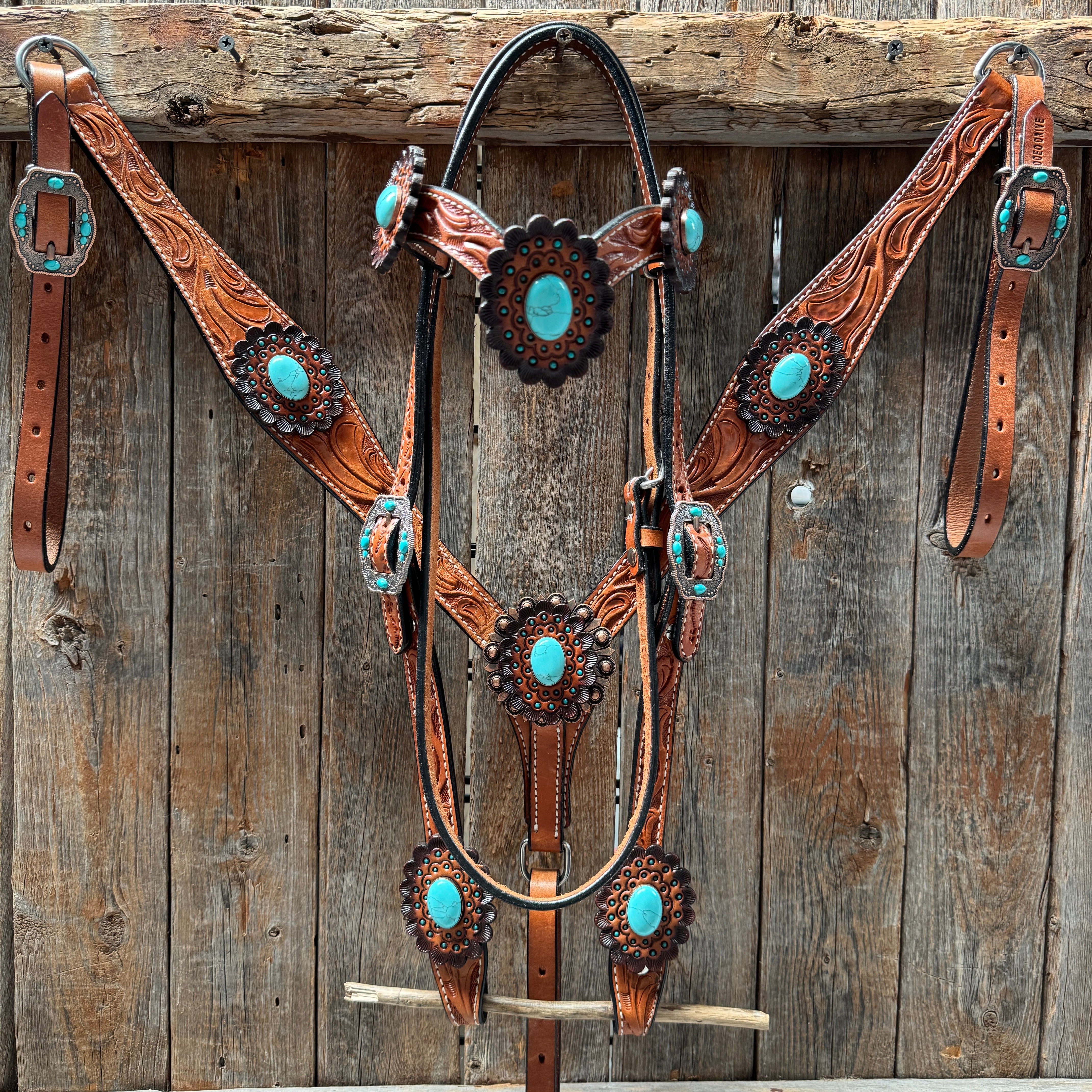 Light Oil V Brow Turquoise Cabochons Browband & Breastcollar Tack Set #BBBC681