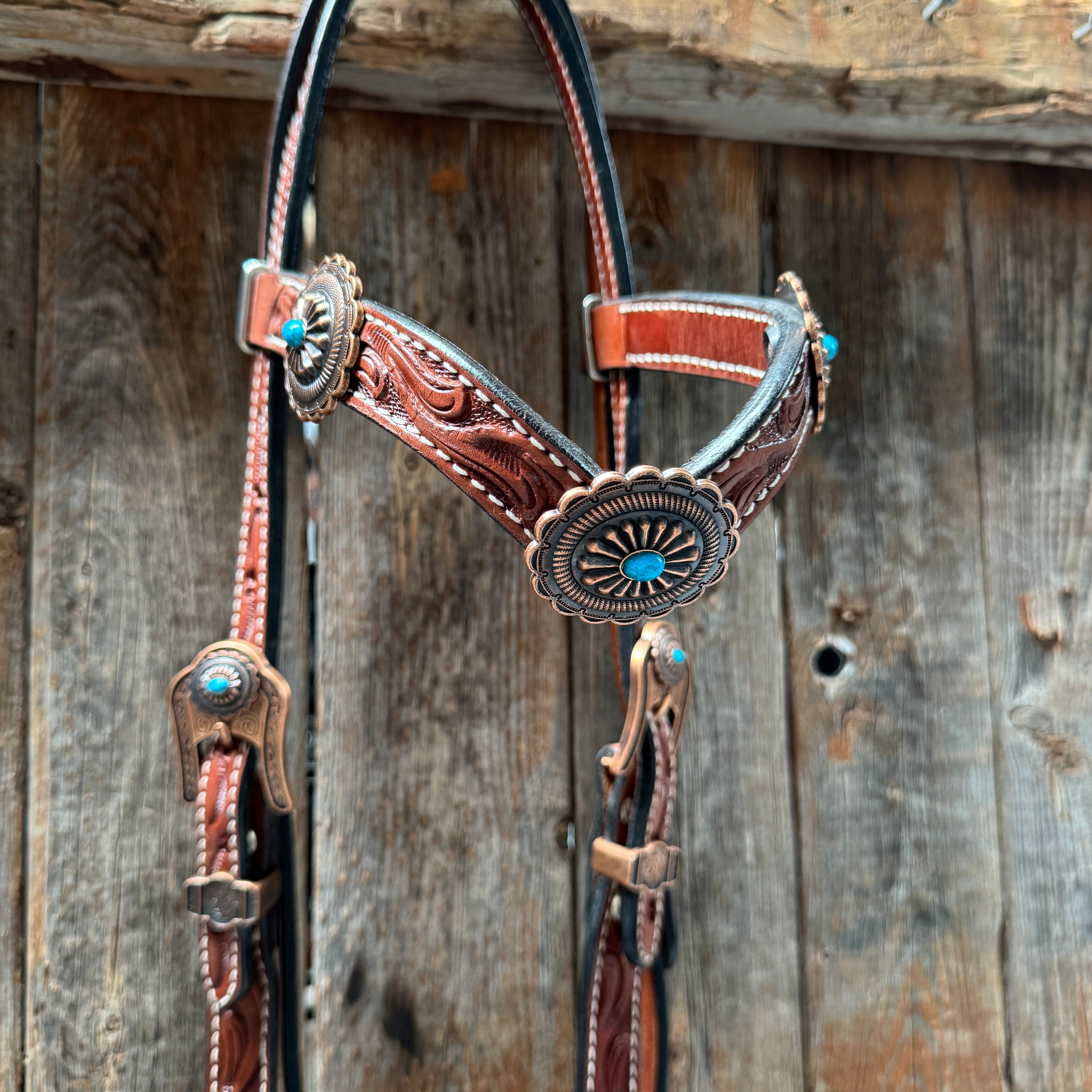 Medium Oil V Brow Oval Turquoise Browband & Breastcollar Tack Set #BBBC682