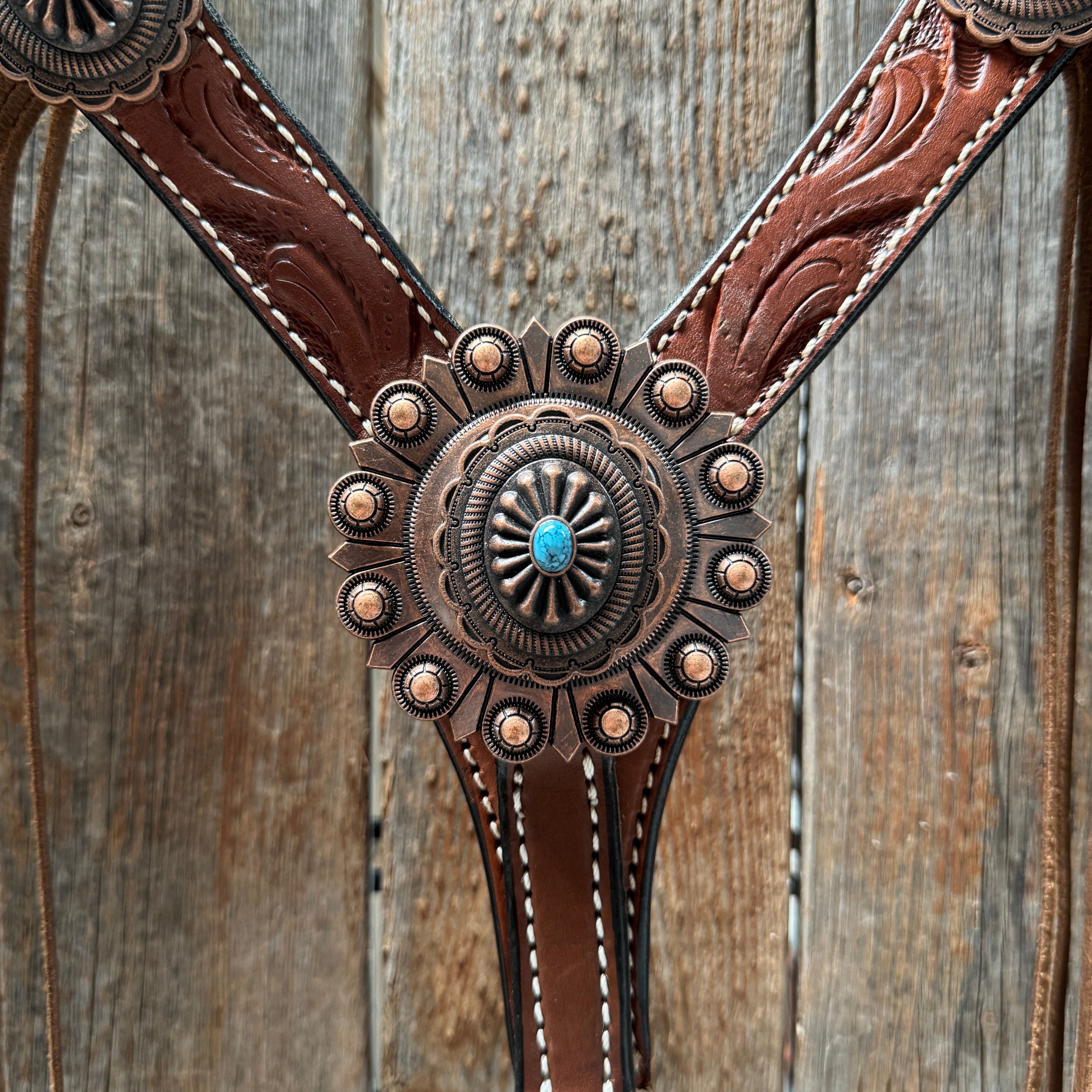 Medium Oil V Brow Oval Turquoise Browband & Breastcollar Tack Set #BBBC682
