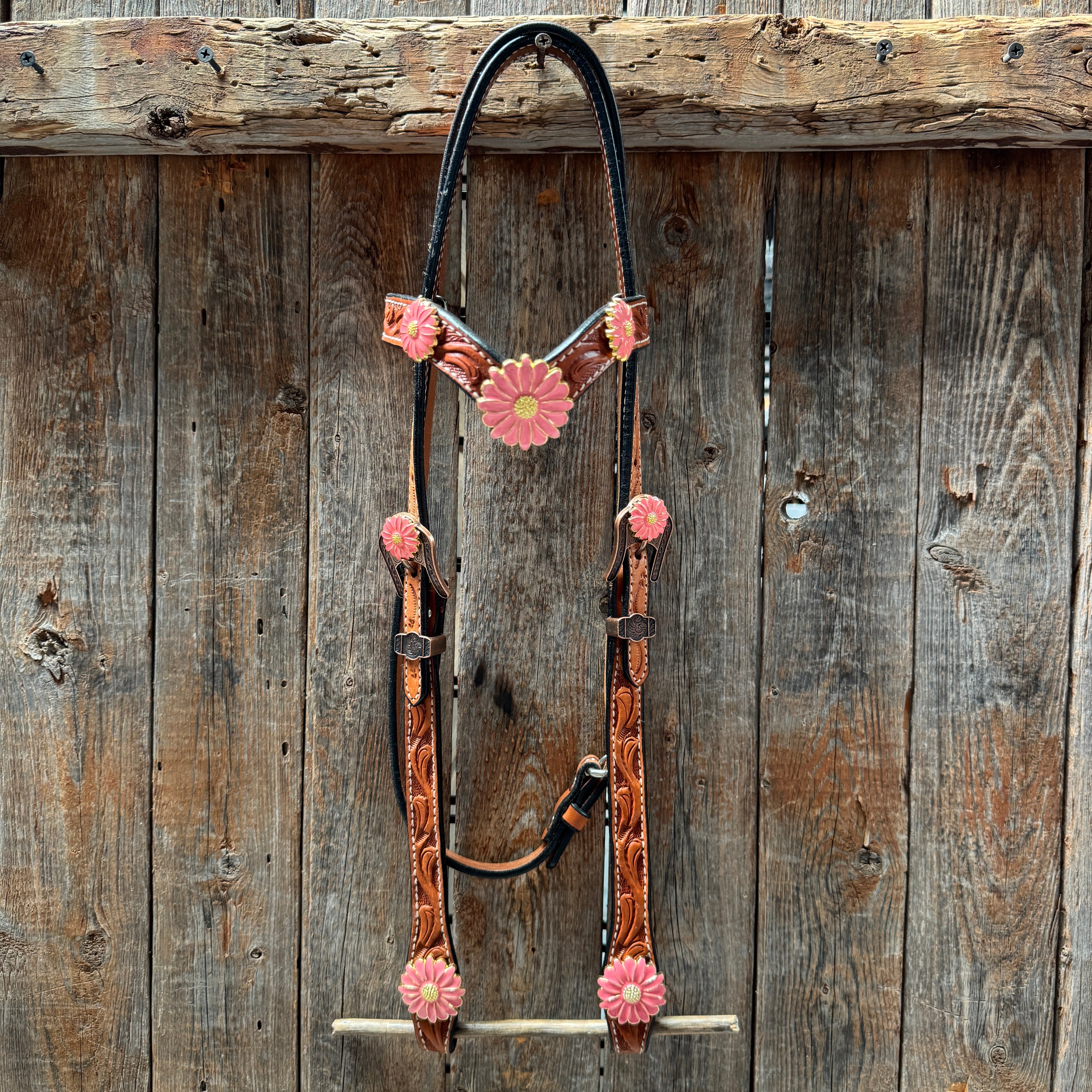 Light Oil V Brow Pink Flower Browband & Breastcollar Tack Set #BBBC680