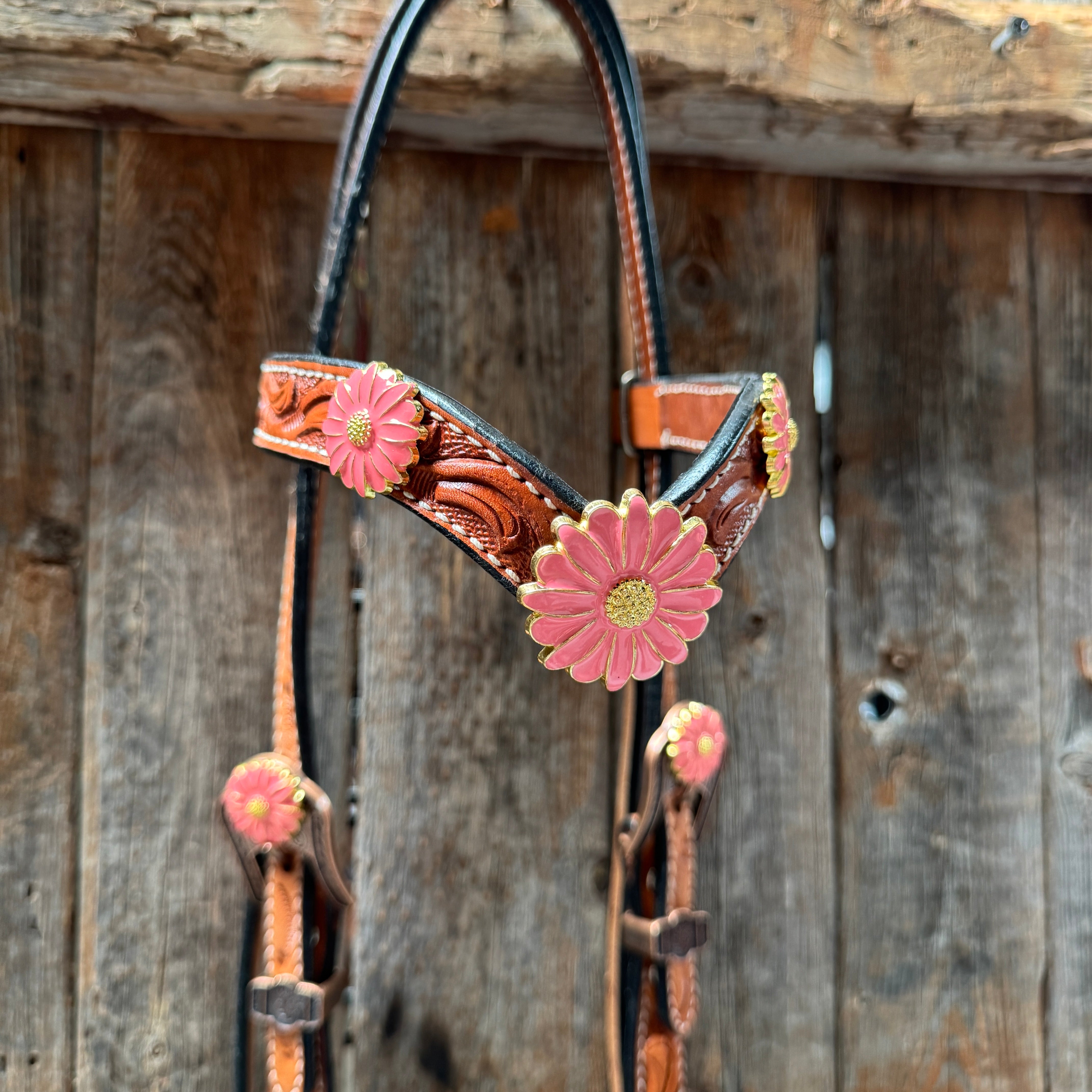 Light Oil V Brow Pink Flower Browband & Breastcollar Tack Set #BBBC680