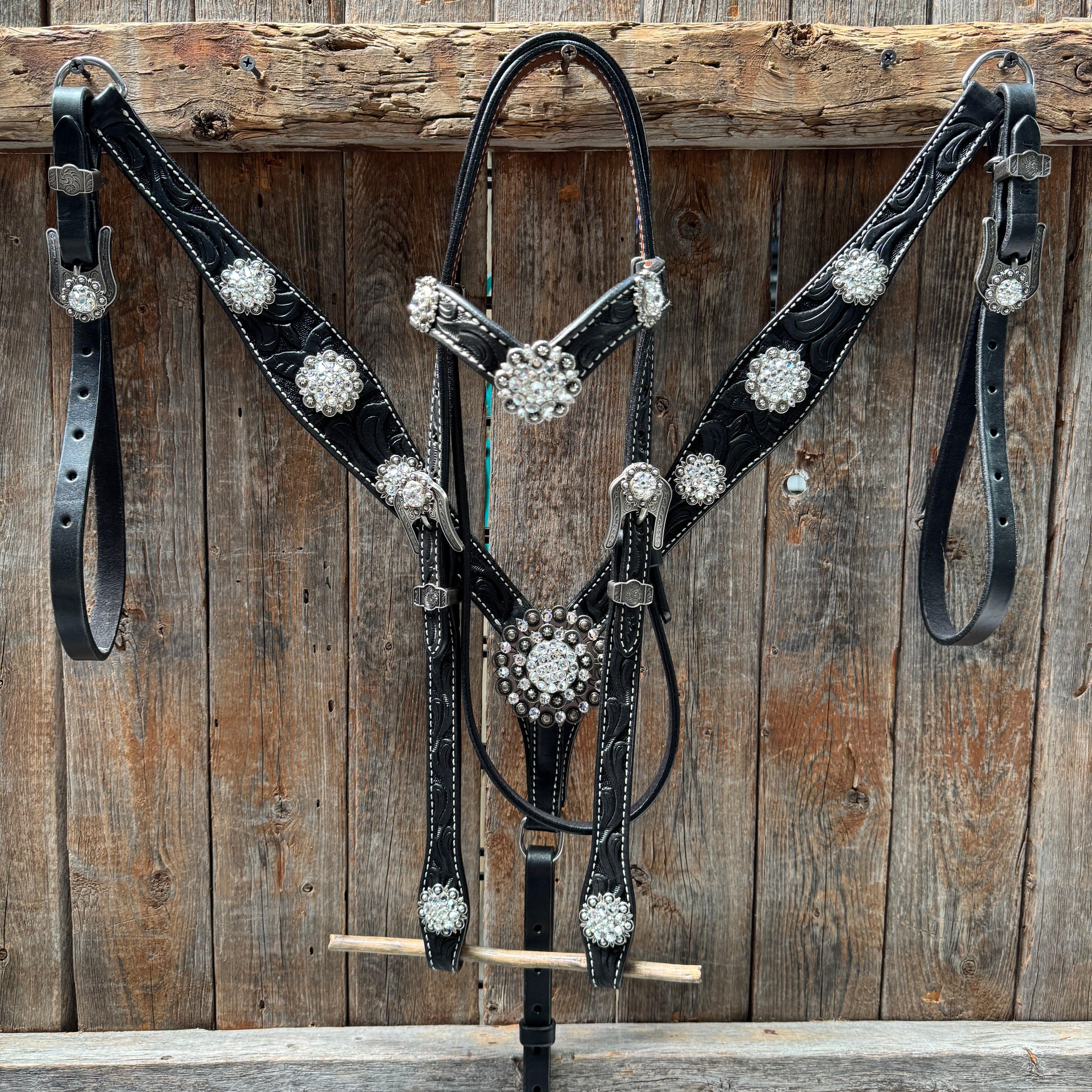 Black Oil V Brow Clear Browband & Breastcollar Tack Set #BBBC683
