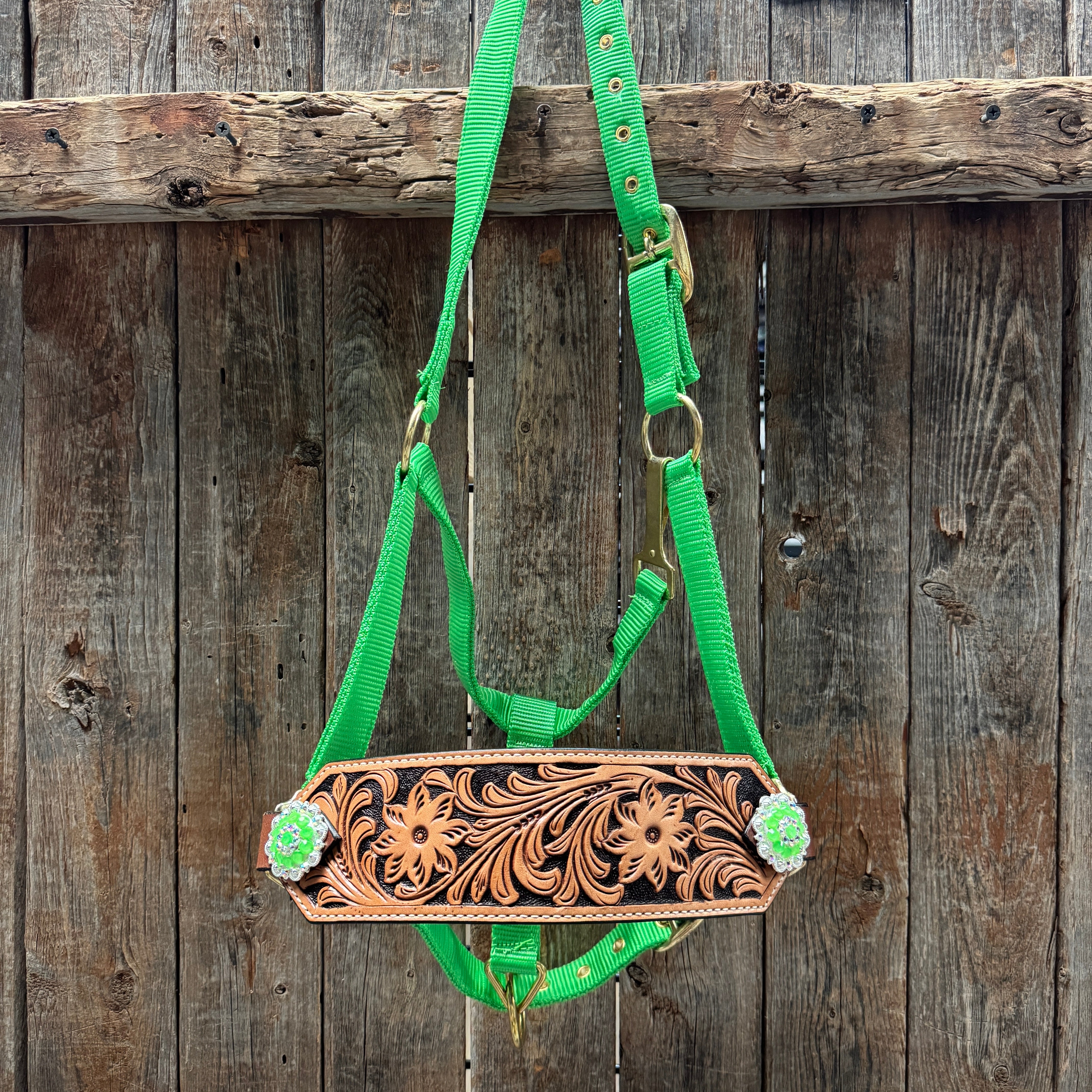 Lime Nylon Horse Halter – Bronc Noseband with Crystal Conchos NH102