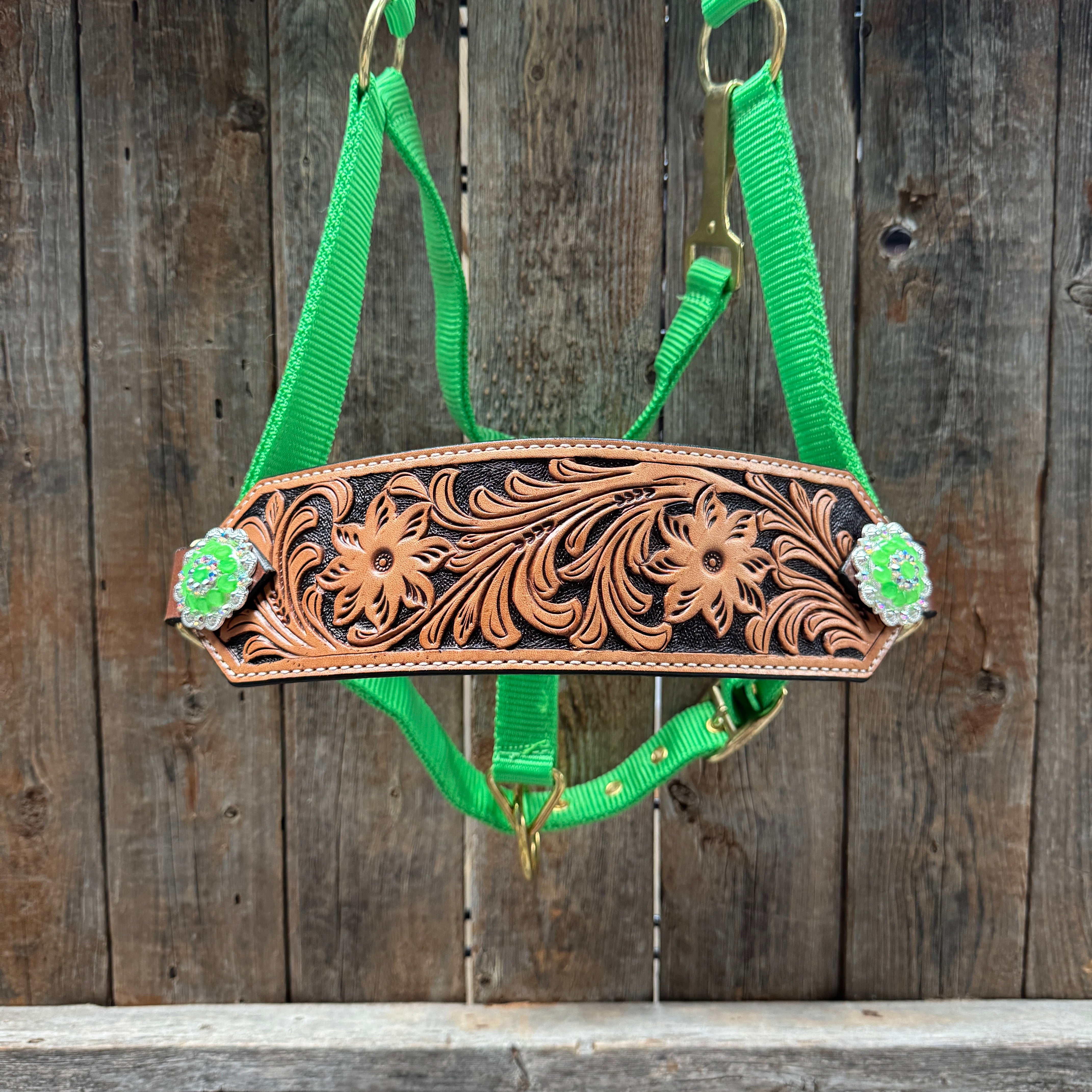 Lime Nylon Horse Halter – Bronc Noseband with Crystal Conchos NH102