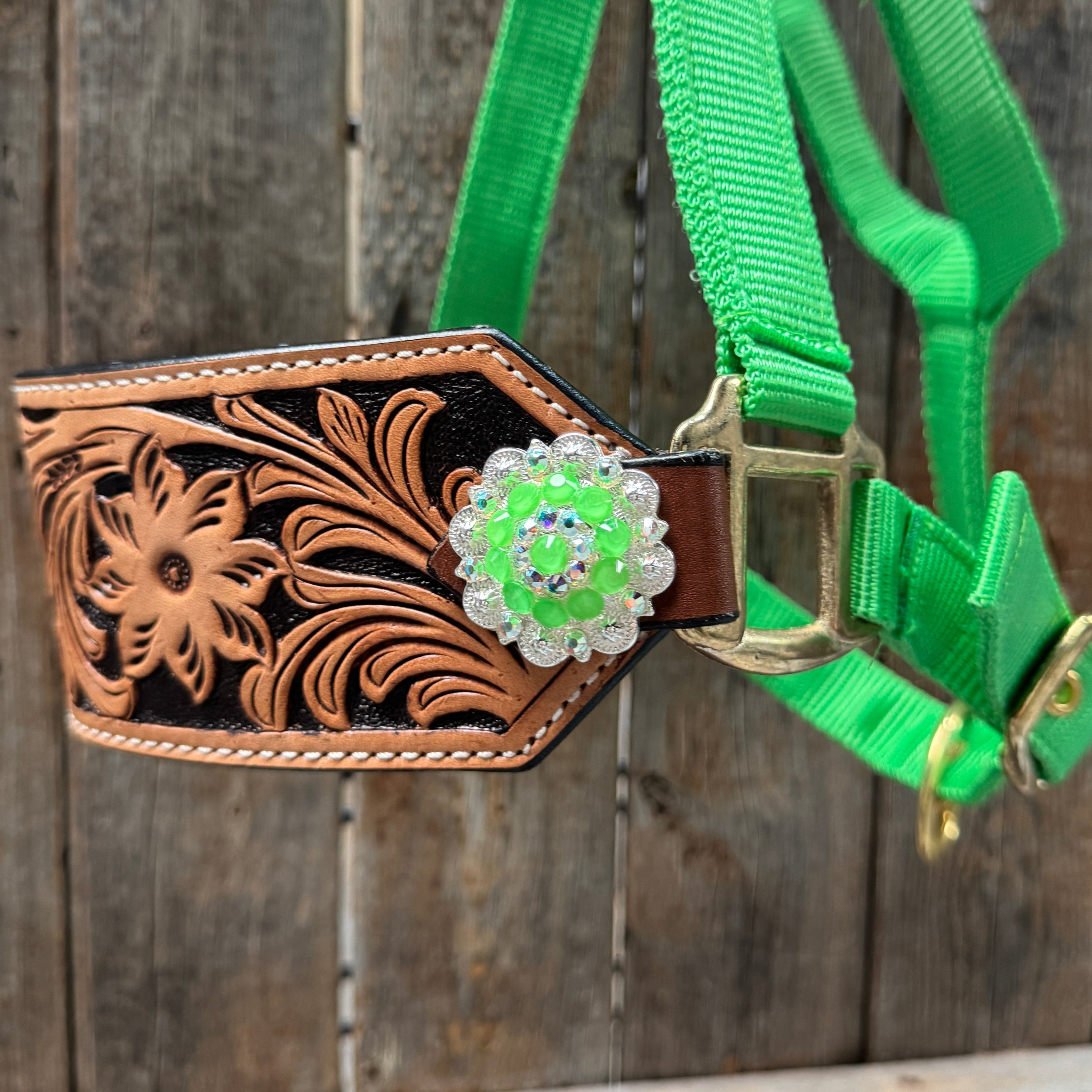 Lime Nylon Horse Halter – Bronc Noseband with Crystal Conchos NH102