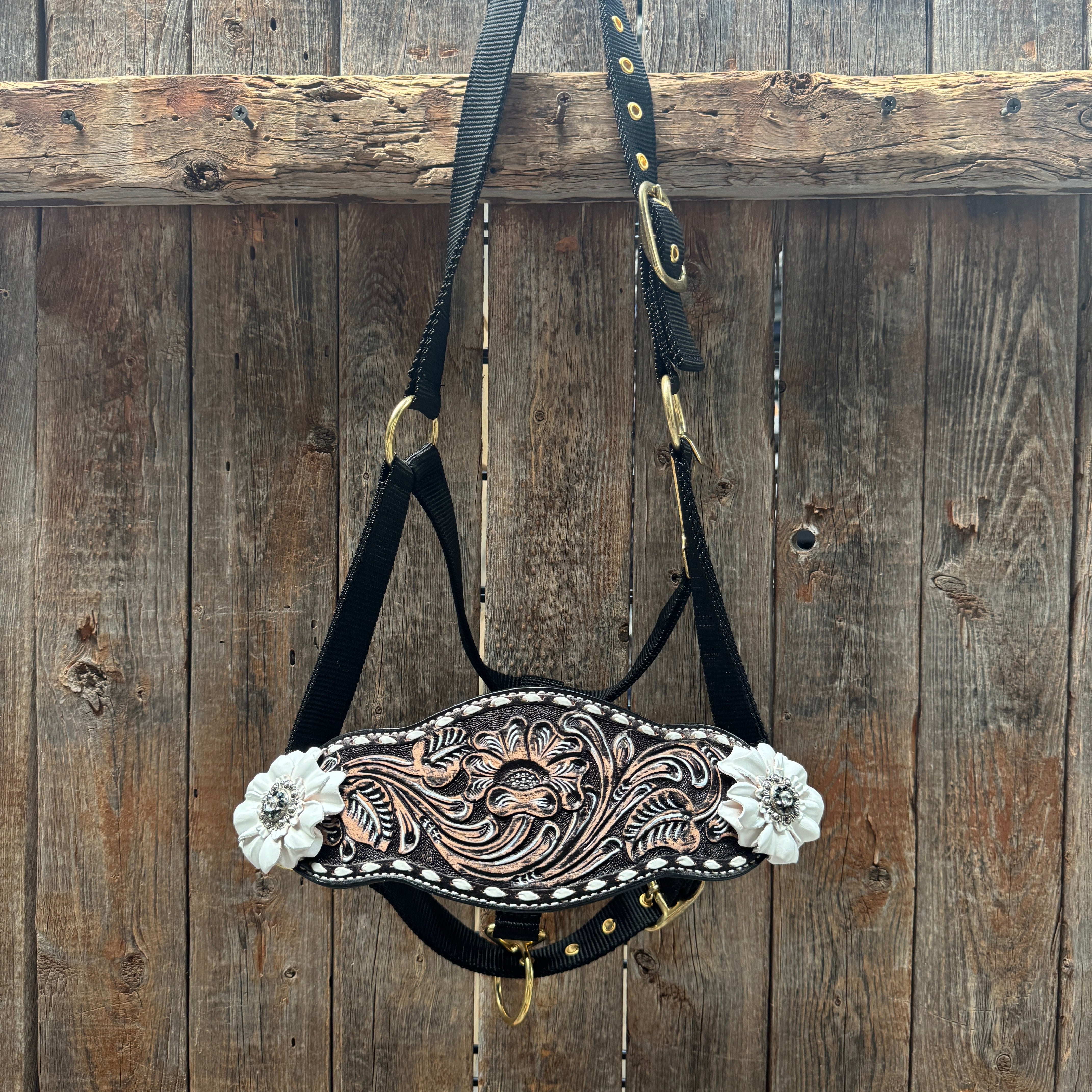 Black Nylon Horse Halter – Bronc Noseband with Crystal Conchos NH103